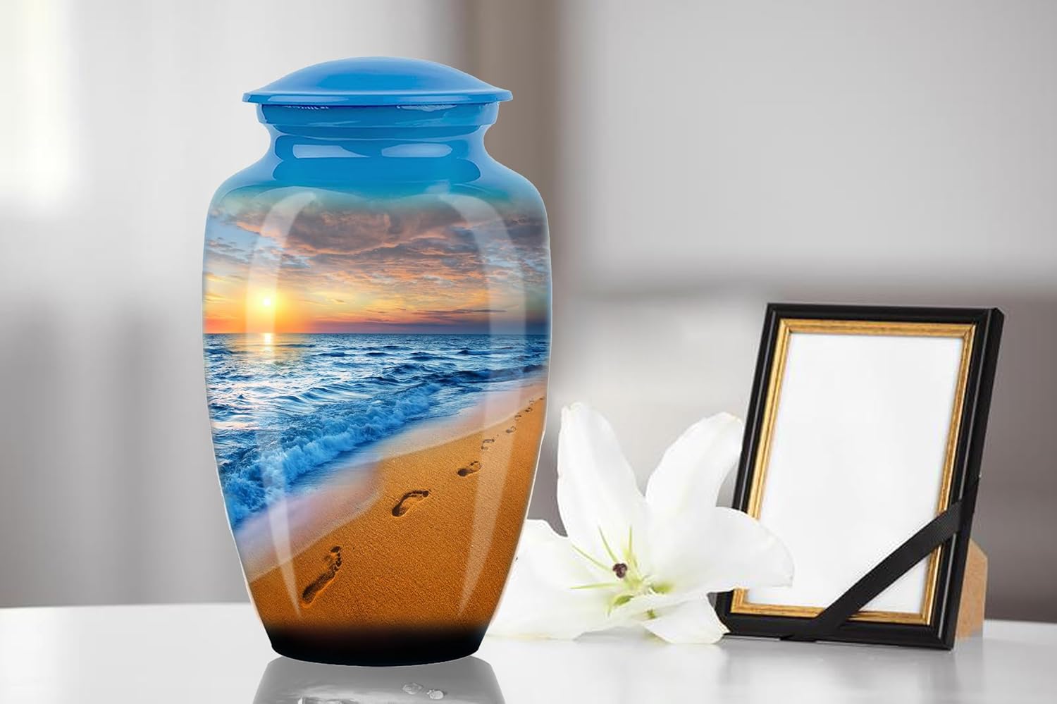 Footprints Urn for Ashes - Hand Painted Adult Beach Urn for Human Ashes, Memorial Urn for Funeral, Cremation Urn for Women (Large)