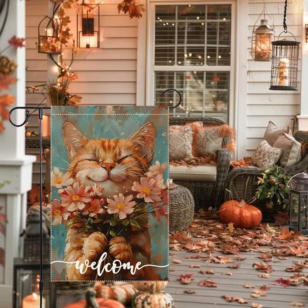 Welcome Spring Garden Flags Summer Cat Garden Flag 12x18 Inch Double Sided Colorful Floral Small Burlap Home Yard Lawn Holiday Decorations - Image 8