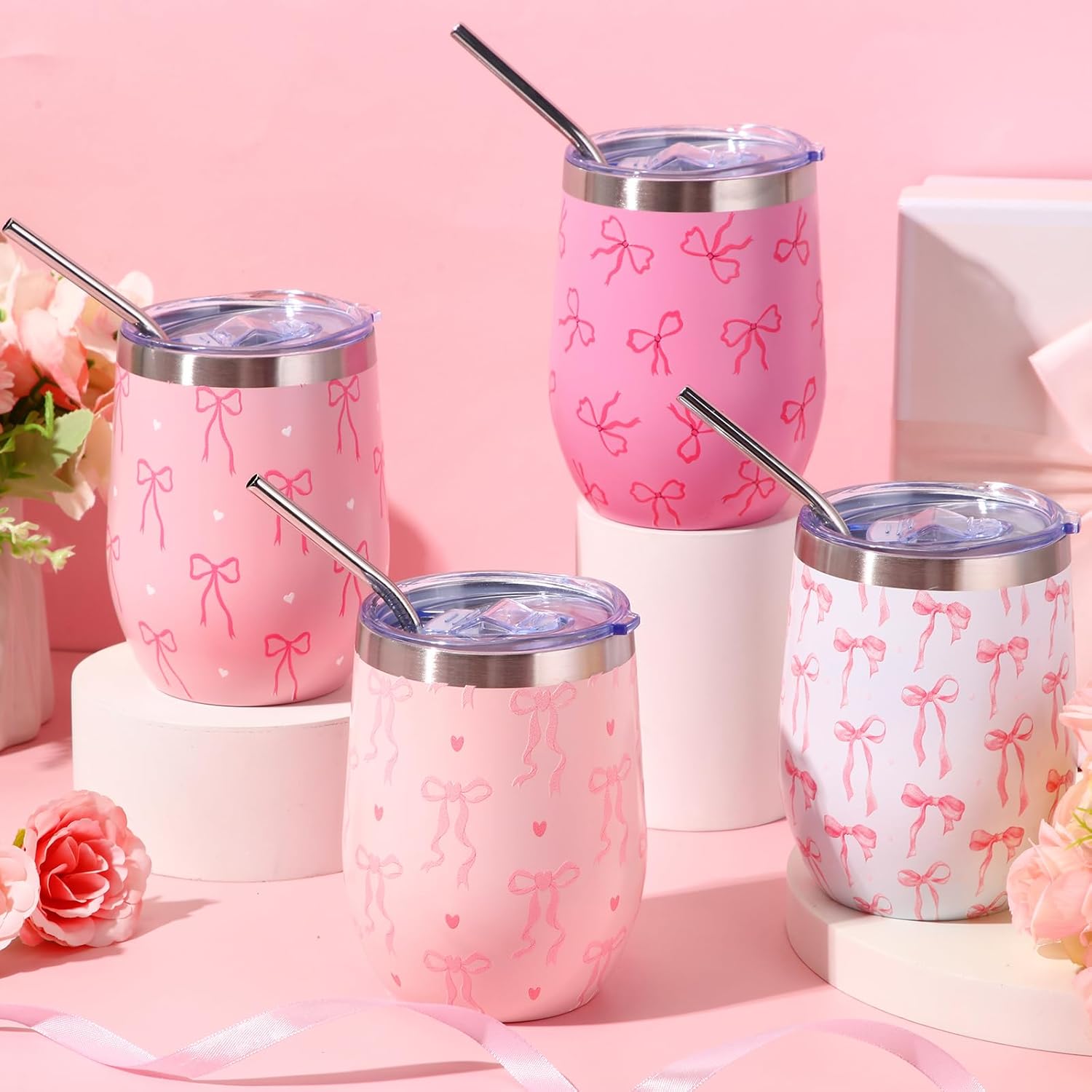 4 Pack Stainless Steel Wine Tumblers Pink Bow Cups with Lid and Straw 12 oz Stainless Steel Insulated Wine Glass Coquette Cute Coffee Cocktail Travel Cups for Women Bachelorette Birthday Party Gifts