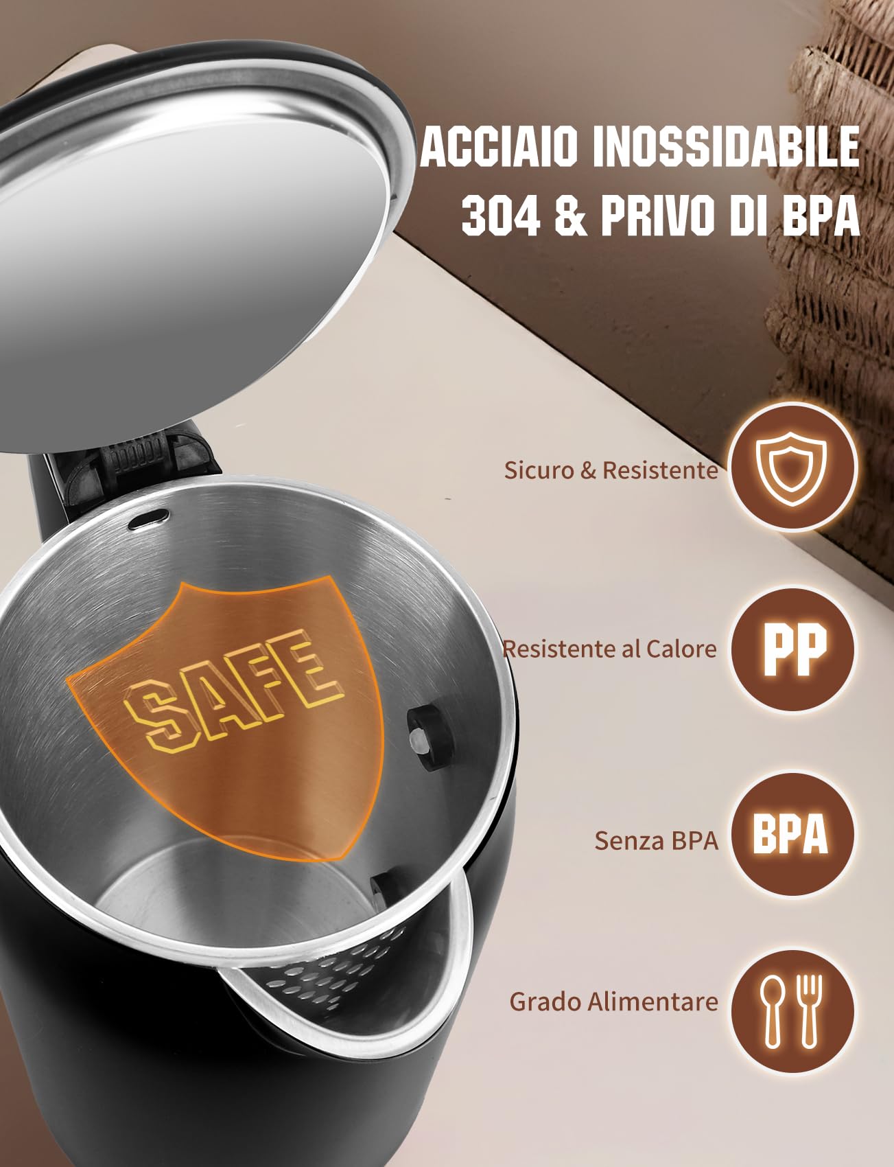 Aigostar Bollitore Elettrico Acciaio Inox Nero 1,7 Litri - Bollitura Rapida Electric Kettle 2200W, Doppio Isolamento, Senza Plastica All'interno, Senza BPA, Visualizzazione del Livello Dell'acqua