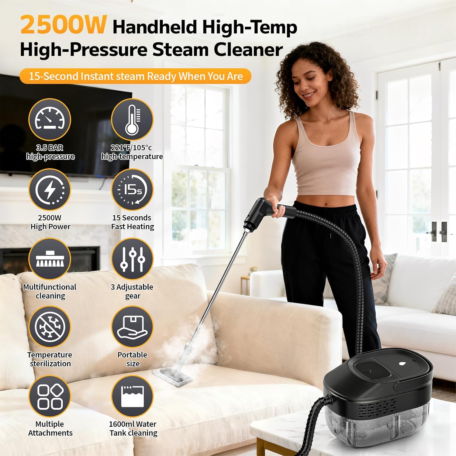 Pressurized Steam Cleaner, 54oz Large Tank, Portable Steamer for Cleaning with 15-Piece Kit, 15s Fast Heat-Up, 3-Level Control, Handheld Steam Cleaner for Home, Car, Kitchen (Classic Black)