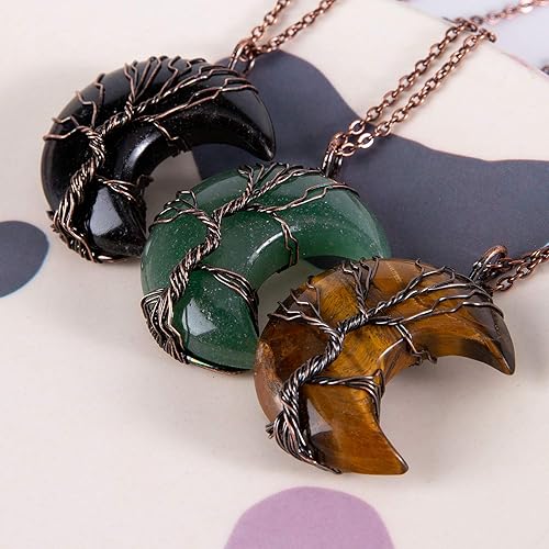 Miniatura 4 de Bivei Tree of Life Crescent Moon Necklace Copper Wire Wrap Natural Gemstones Pendant Crystals and Healing Stones Necklace