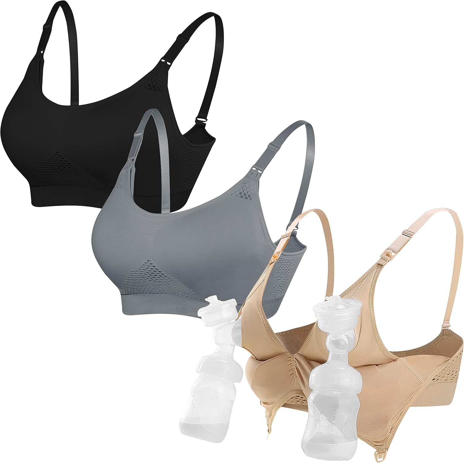 4HOW Nursing and Pumping Bra All in One Breast Pump Bra for Breastfeeding Pregnancy Black Nude Grey XX-Large