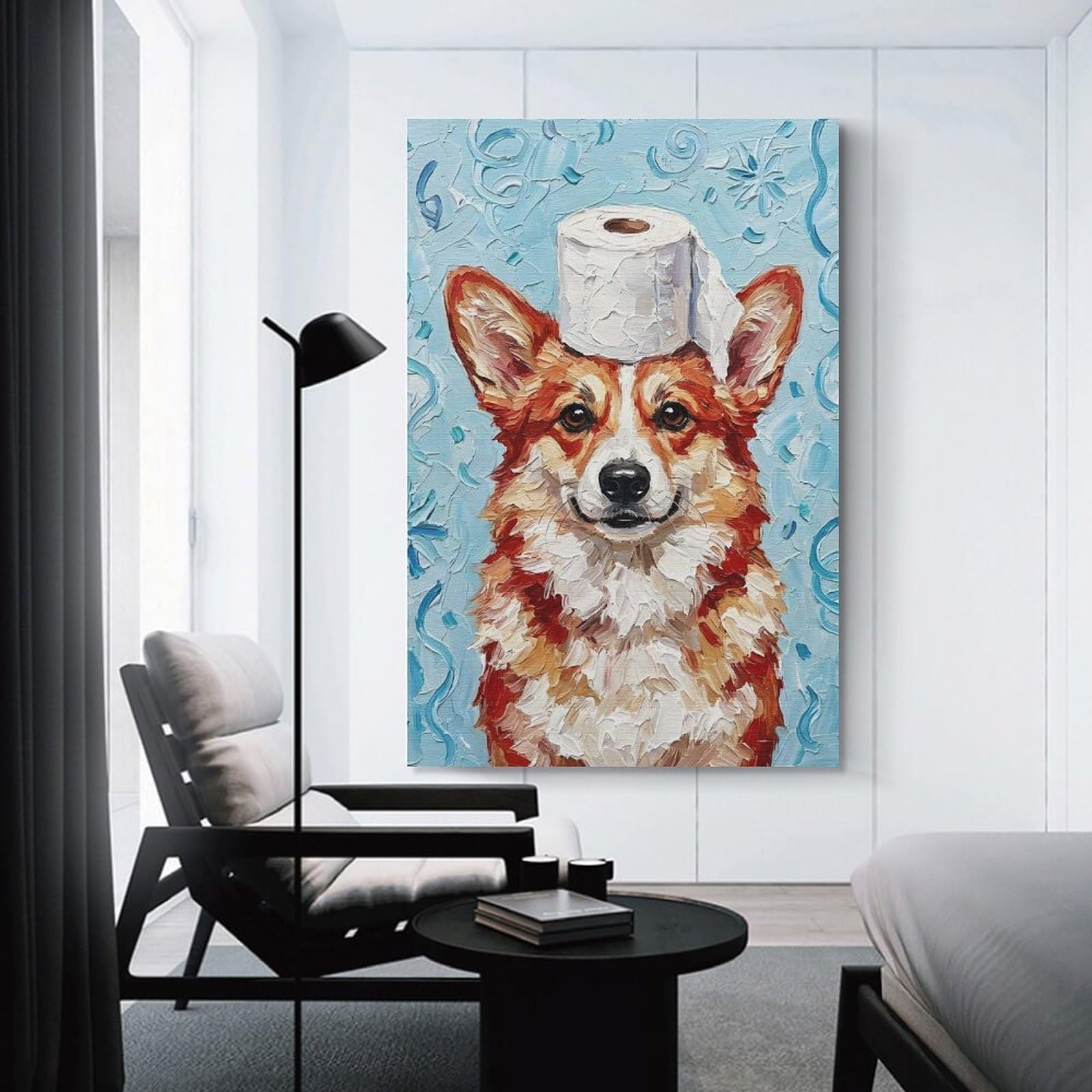 Junmoney Unframe-Style-6-2 Decorative Wall Artwork Corgi With Toilet Paper Hat, 24X36inch(60X90cm), For Lounge, Bedroom Or Personal Spaces, Thoughtful Wall Decor For Art Lovers