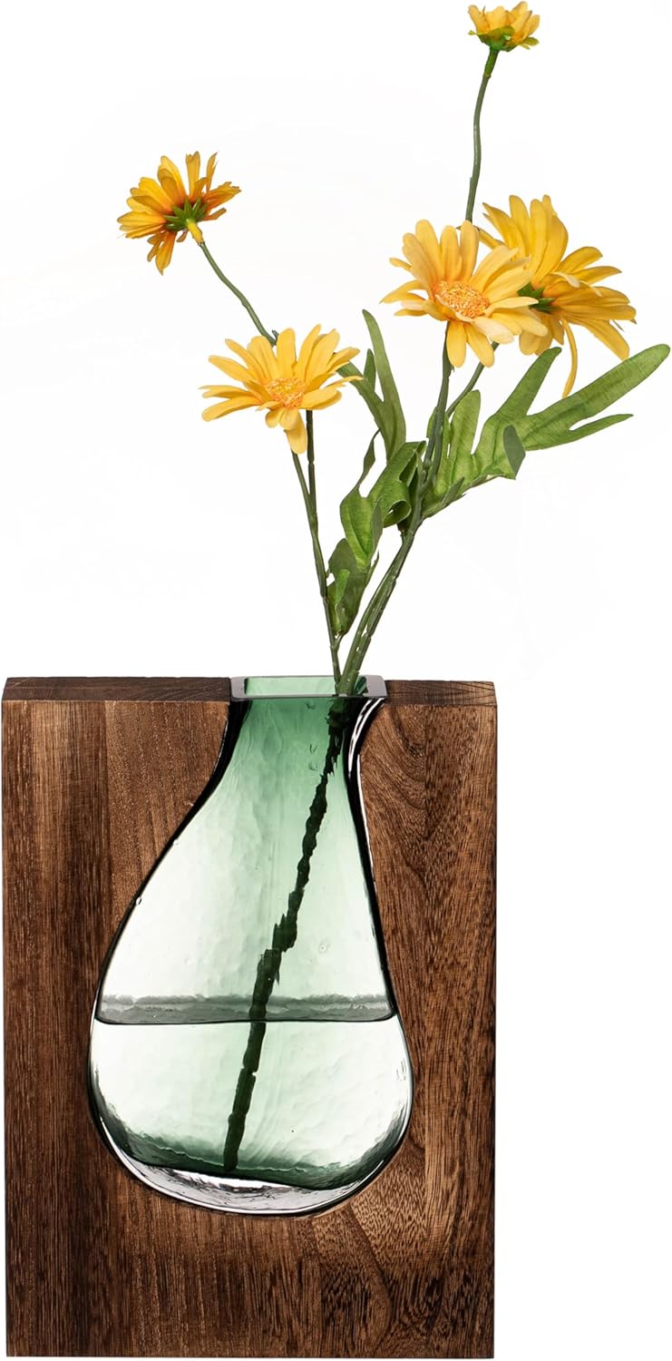 10-Inch Wood and Glass Inlay Vase - Merging The Natural Warmth and Texture of Wood with The Elegance and Color of Glass, Perfect for Enhancing Home Decor, Office Desk, Kitchen Table or Living Room