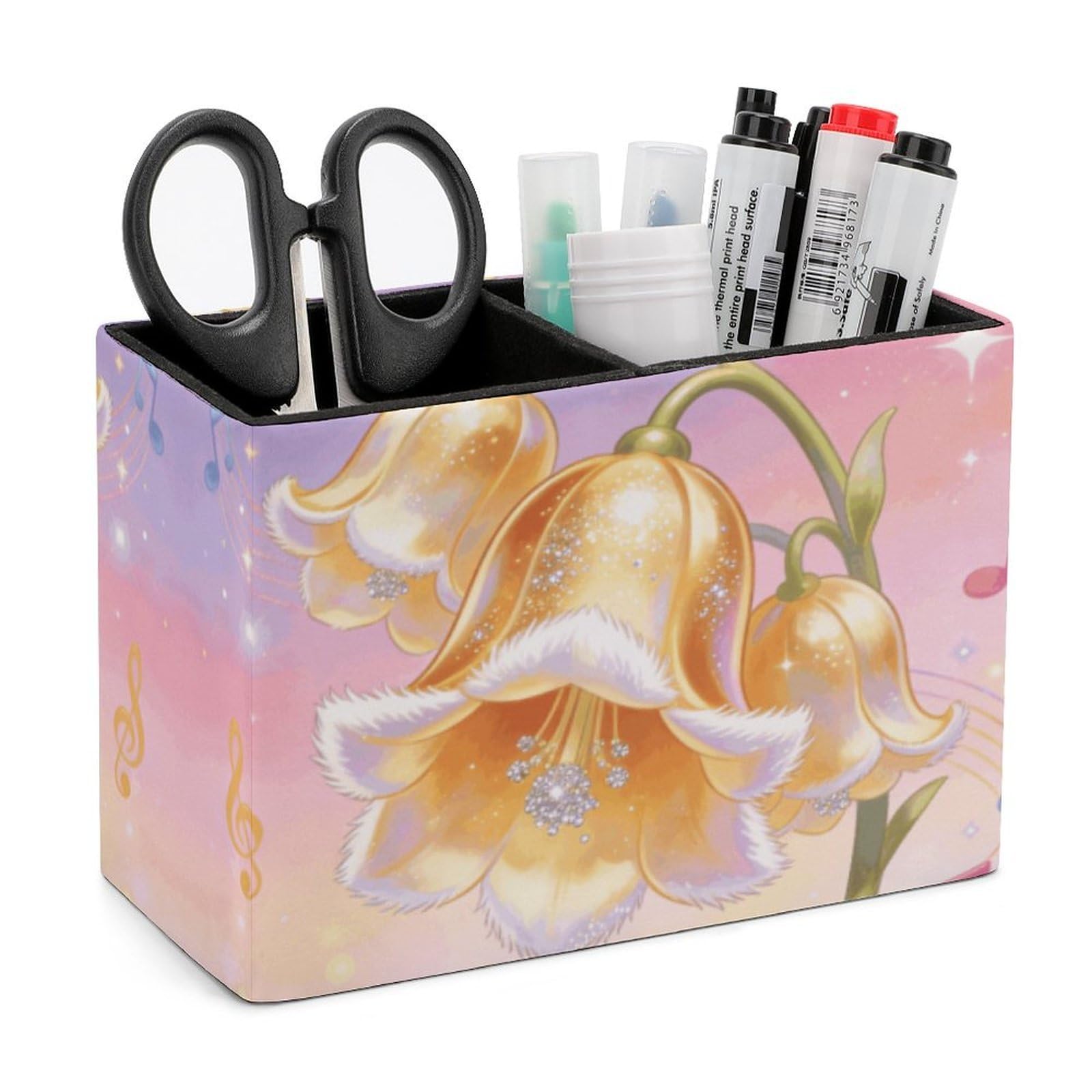 LZQPOEAS Exquisite Patterns PU Leather Pen Holder, Multifunctional Desktop Organizer Caddy with 2 Compartments, Jingle Bloom Pencil Cup Makeup Brush Holder for Office Home