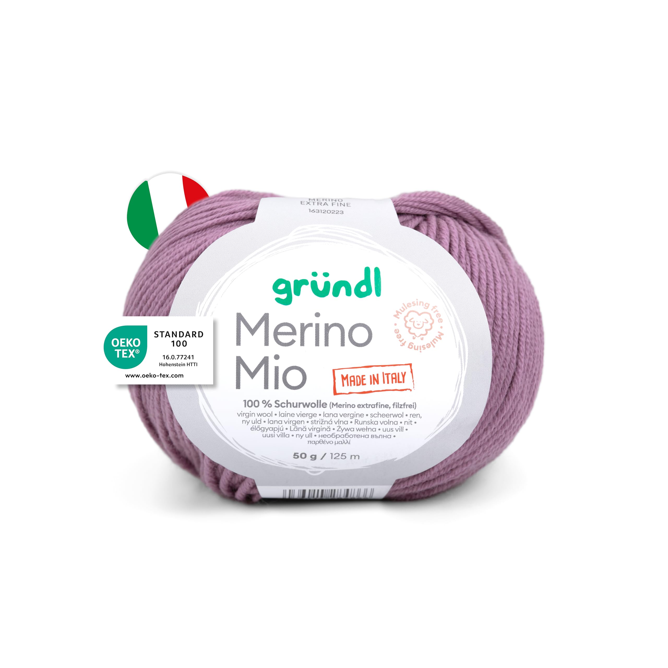 Gründl Wolle Merino Mio - weiche Merinowolle zum Stricken und Häkeln - Kuschelig und hautfreundlich - 100% Schurwolle (Merino extrafein) - 1 Knäuel - 50 g / 125 m - Nadelstärke 3-4 - heidekraut