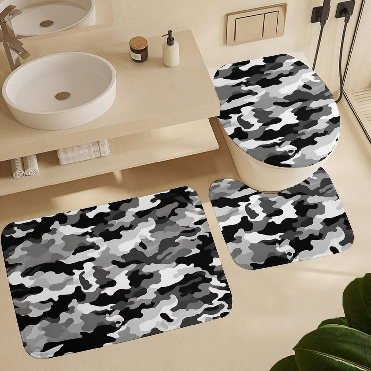 Four Piece Bathroom Set with Toilet Lid Cover and Non-Slip Rugs Minimalist Shower Curtain for Bathroom Set