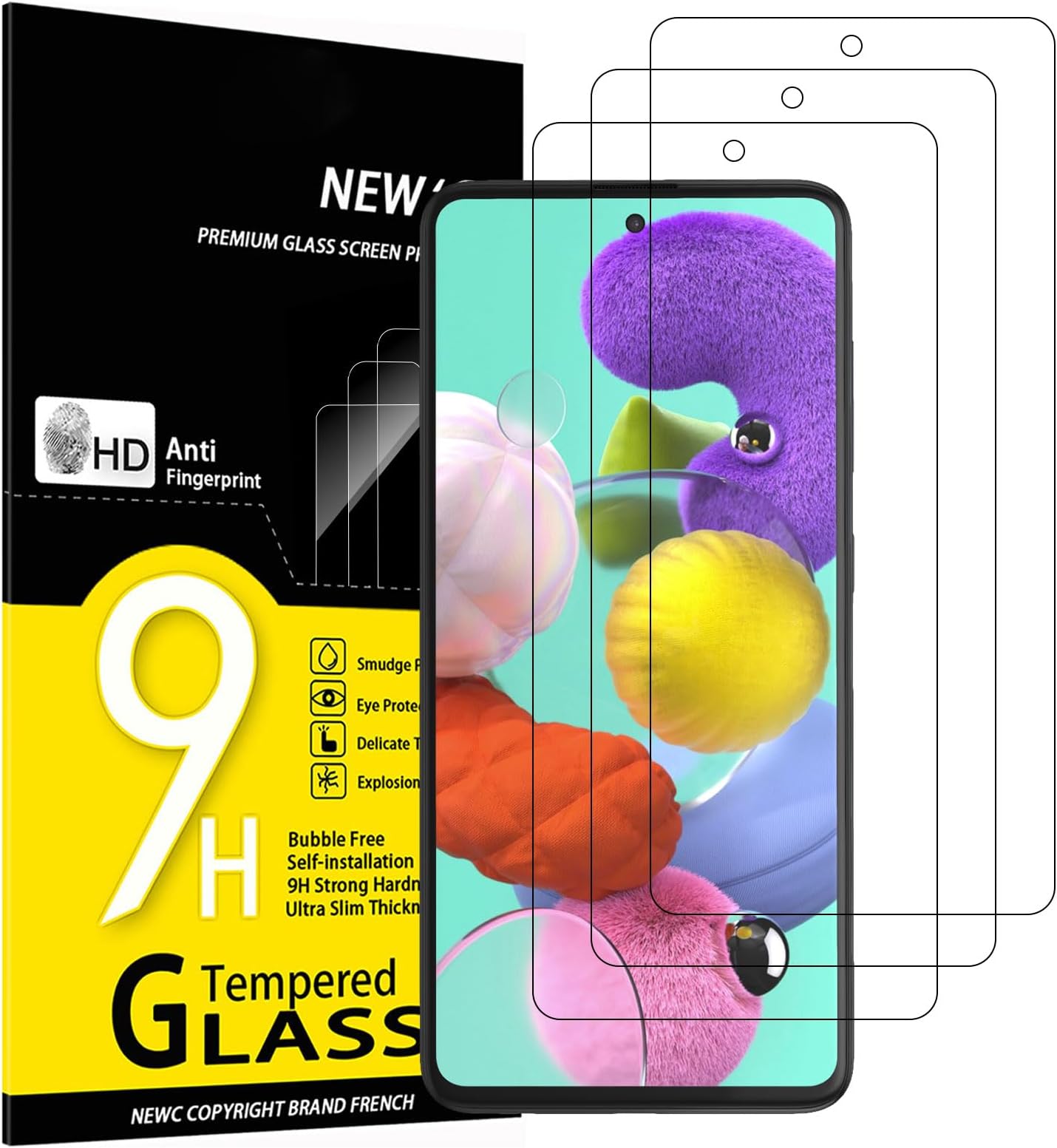 NEW'C 3 Piece Glass Film Compatible with Samsung Galaxy A51 Tempered Glass Screen Protector No Floating Super Durable 9H Hardness Bubble Free
