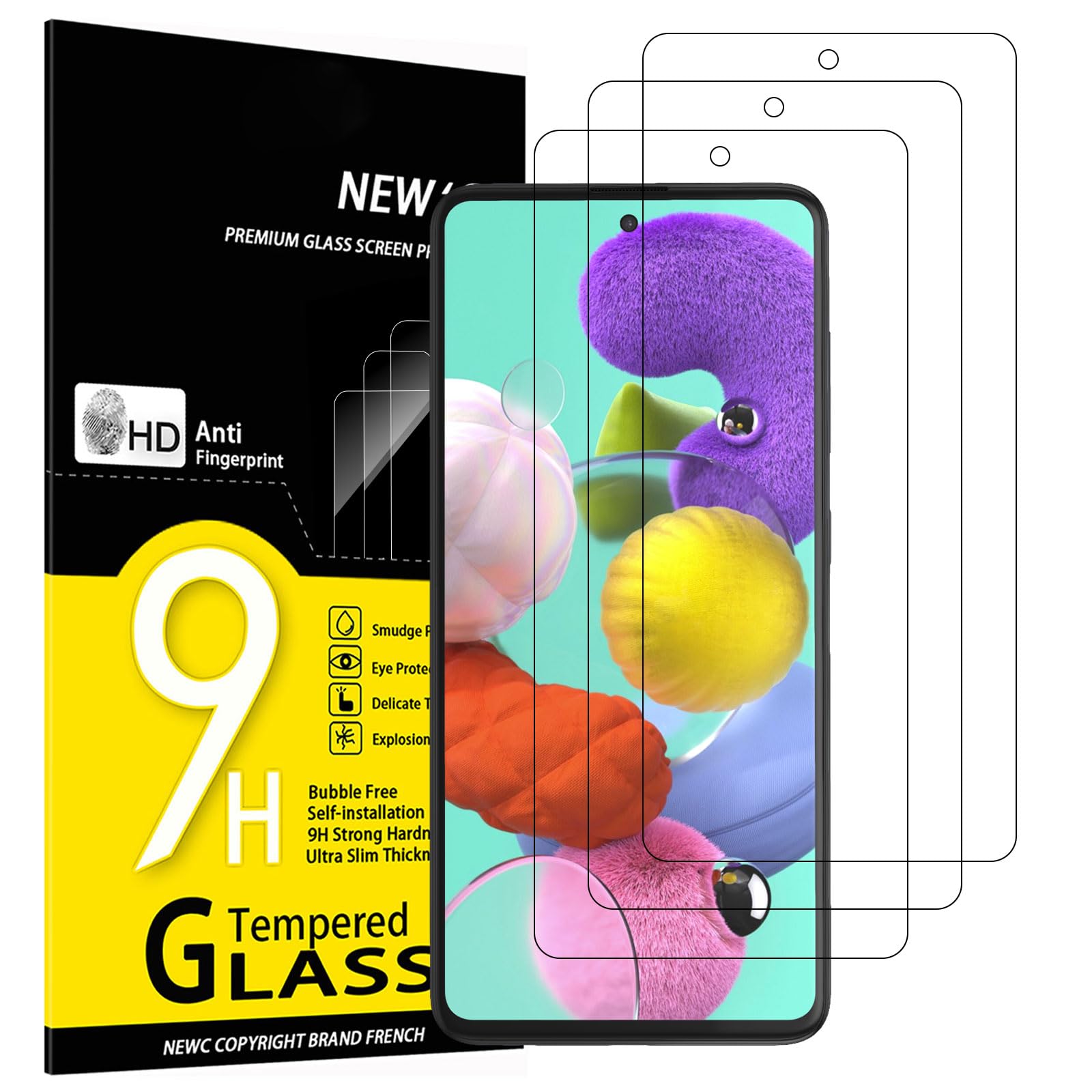 NEW'C 3-Piece Set, Samsung Galaxy A51 Glass Film Tempered Glass LCD Protective Film [No Floating/9H Hardness/0.33mm]
