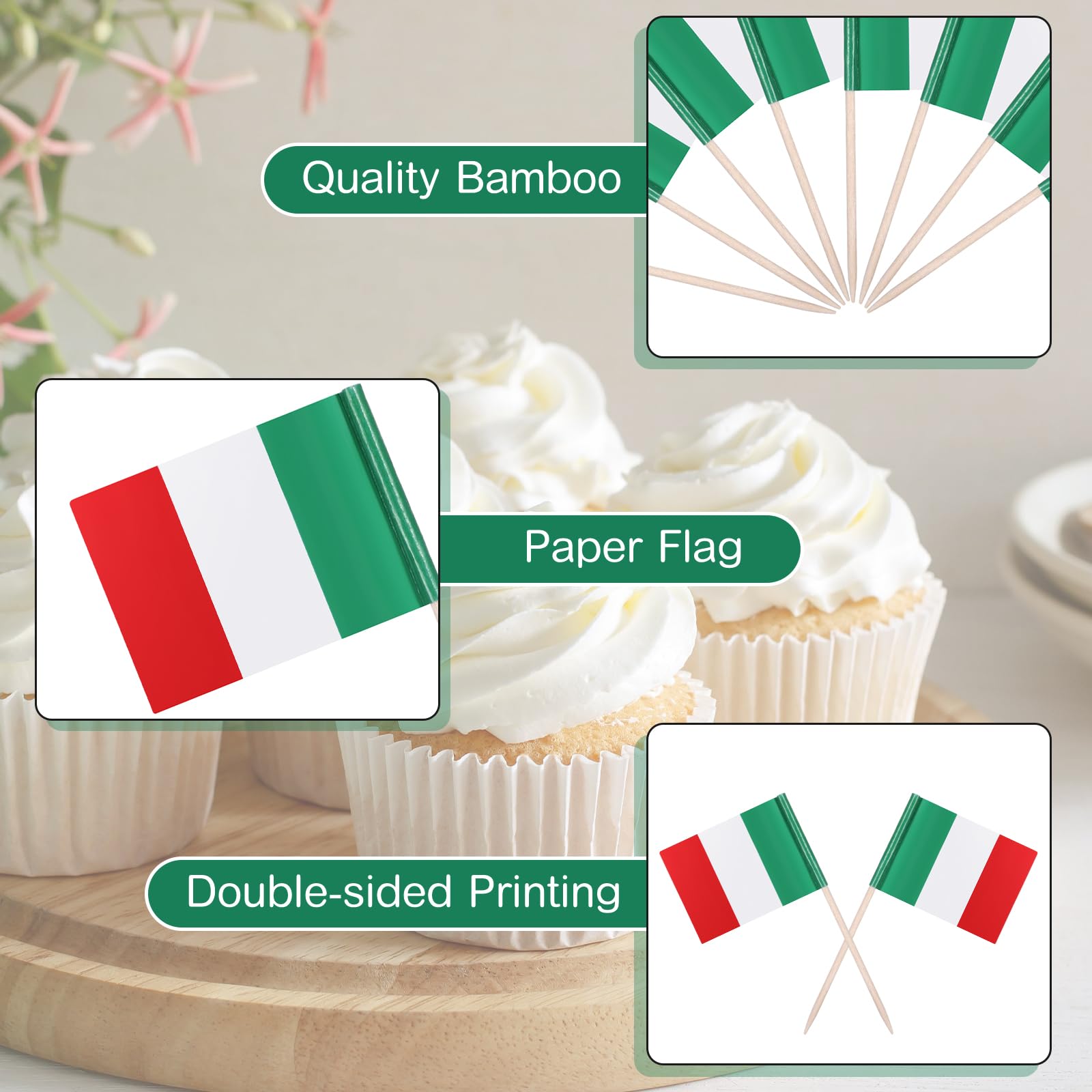 100 Bandierine Italiane Con Stuzzicadenti Per Decorazioni, Mini Bandiere Per Cupcake, Cocktail, Torte, Festività E Celebrazioni, 3,5x2,5 Cm - 4