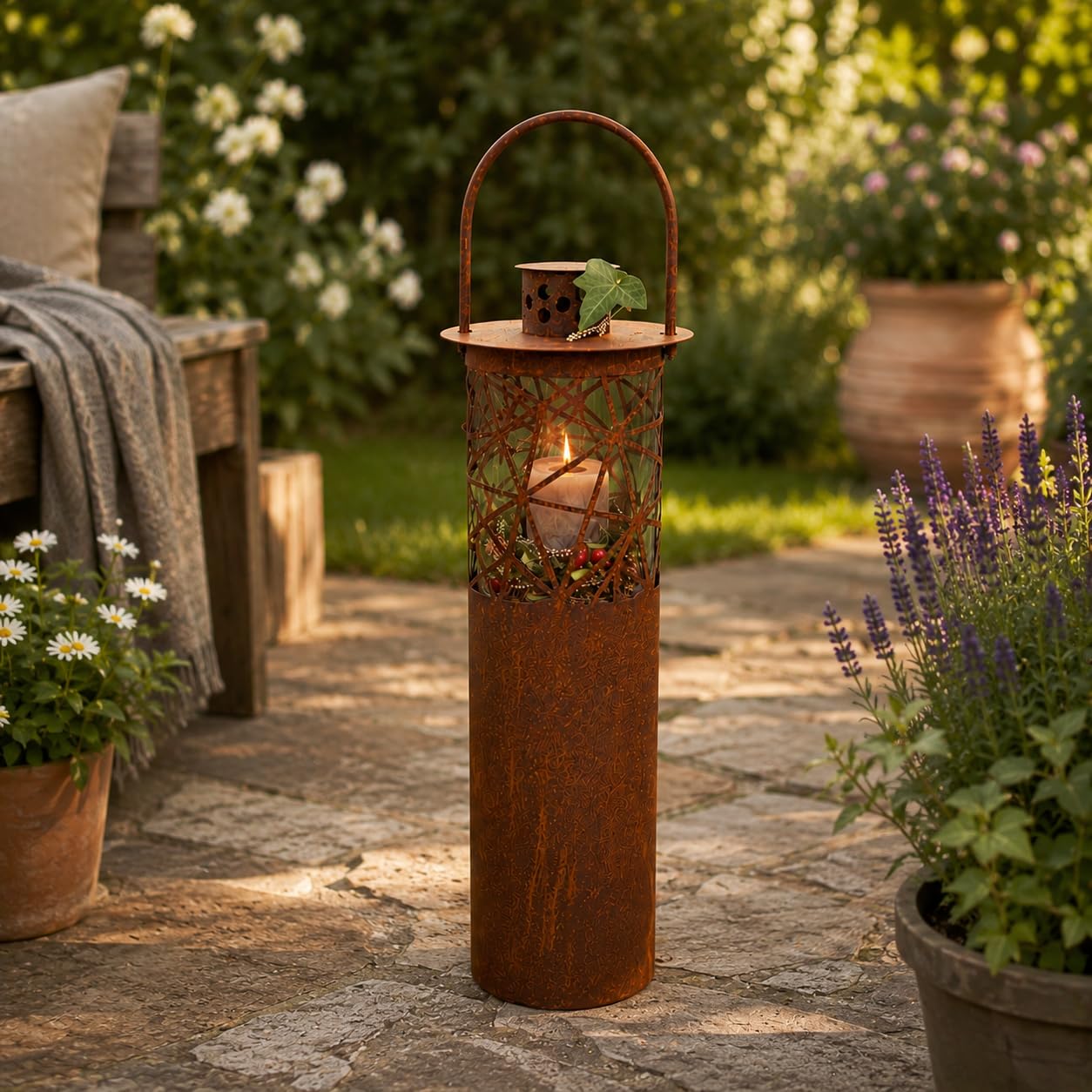 Edelrost Laterne Arte - Gartendeko - Rustikal - mit Glaseinsatz für Kerzen - Vintage Optik (47)