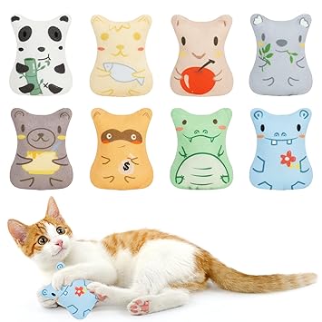 Lewondr Cat Catnip Toys 8 Pcs Plush Interactive Kitten Toys??�Cat Pillow Entertaining Toys Cute Cartoon Animal Catnip Chew Toys for Kitten Cat Playing Chewing Grinding Claw Teeth Cleaning