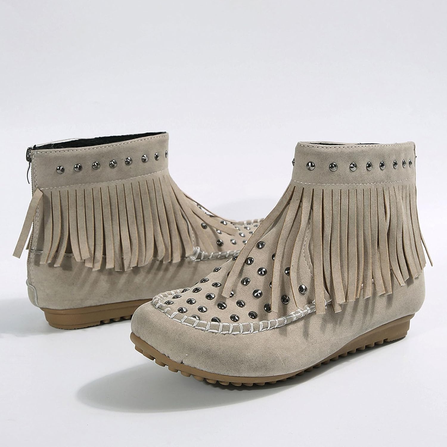 Ladies Ankle Boots for Winter Comfortable Short Tube Flat Bottomed Tassel Round Toe Thick Heel