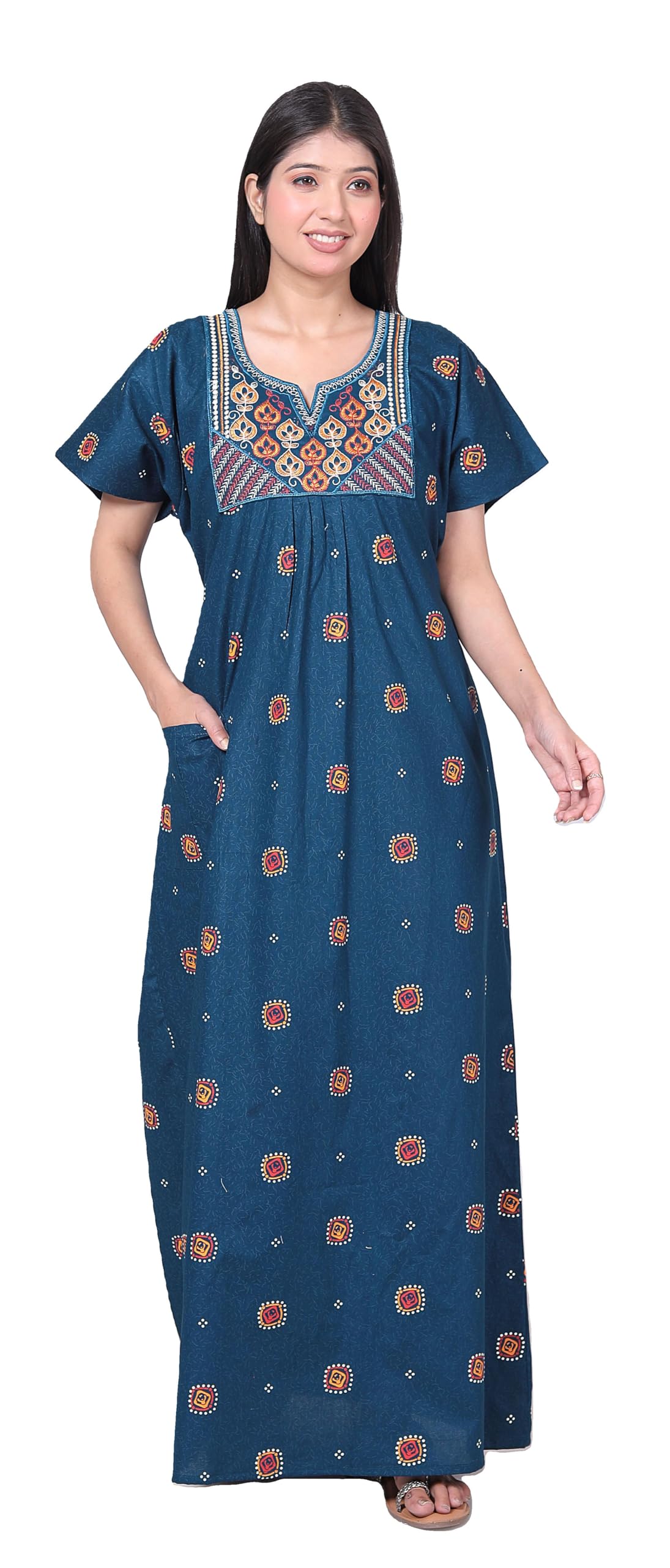 Pure Cotton Jaipuri Rajasthani Hand Block Print Cotton Nighty Gown with Side Pocket for Women | Regular, Printed & Full Length Maxi Night Gown | Night Wear Nighties for Women-image-17