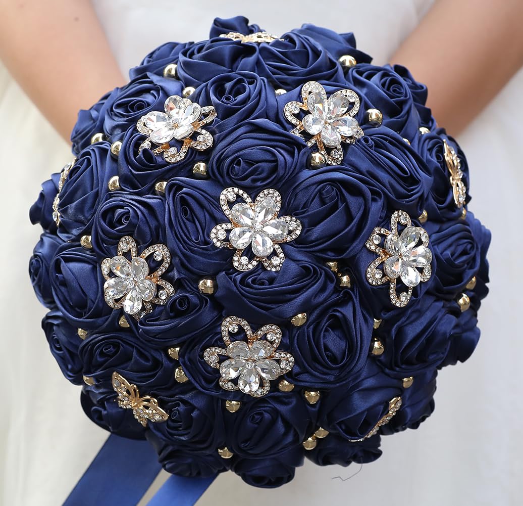 sharebeauty 9.4" handmade satin rose bridal bouquet toss round wedding bouquet throw toss artificial flower bunch navy blue