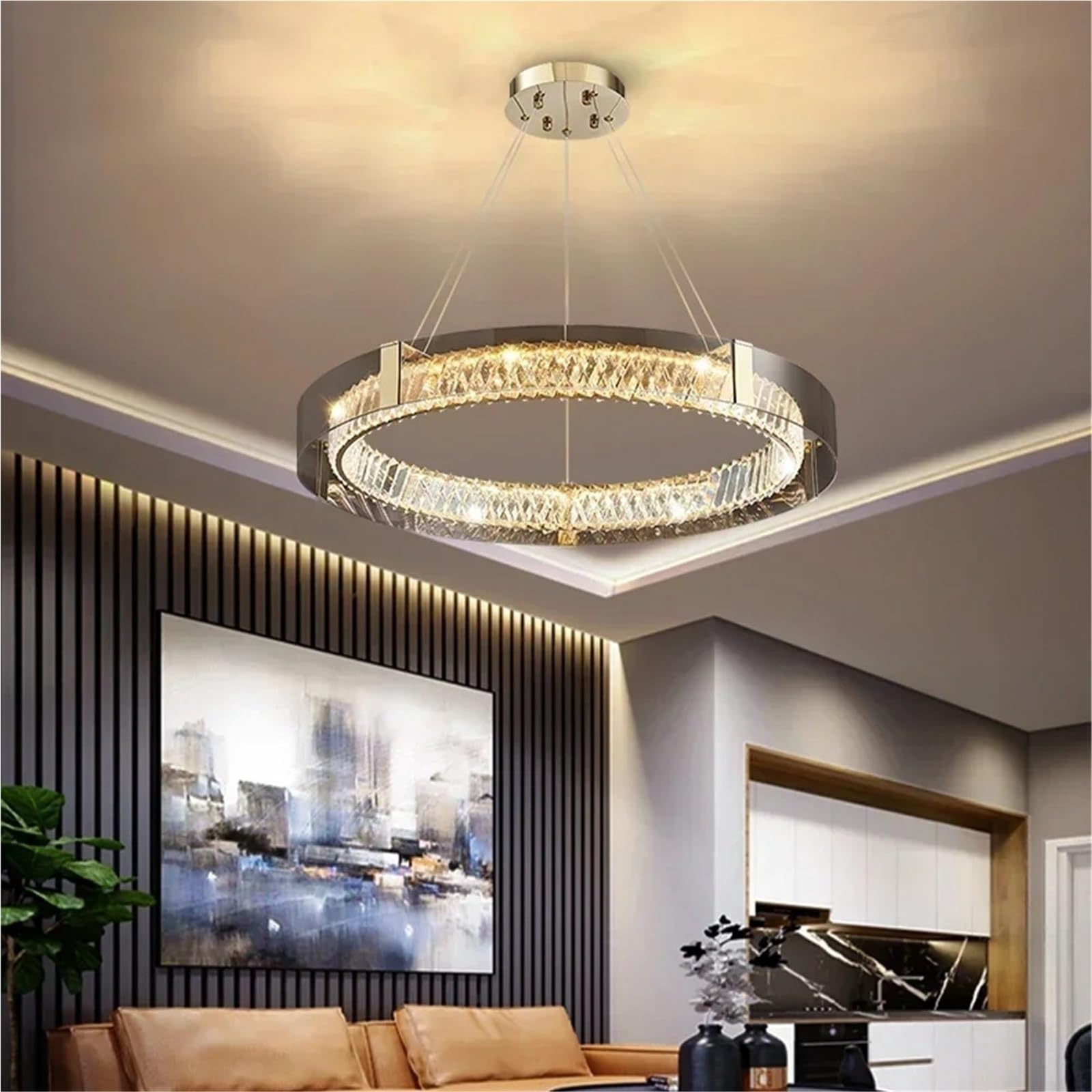 Modern Luxury Single Ring Crystal LED Pendant Chandelier Gold Frame Crystal Hanging Lighting Fixture for Living Room Dining Room