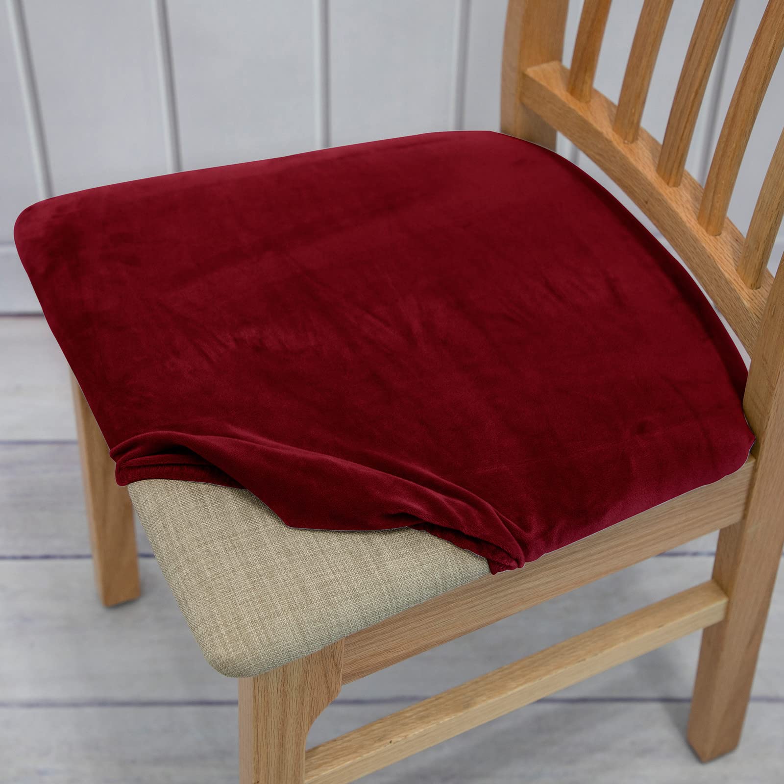FANSU Dining Chair Seat Covers with Ties, Velvet Flannel Chair Seat Covers Set of 1 2 4 6, Elastic Stretch Chair Seat Slipcovers Non Slip Protector Cover for Kitchen (Wine Red,2 Pieces)