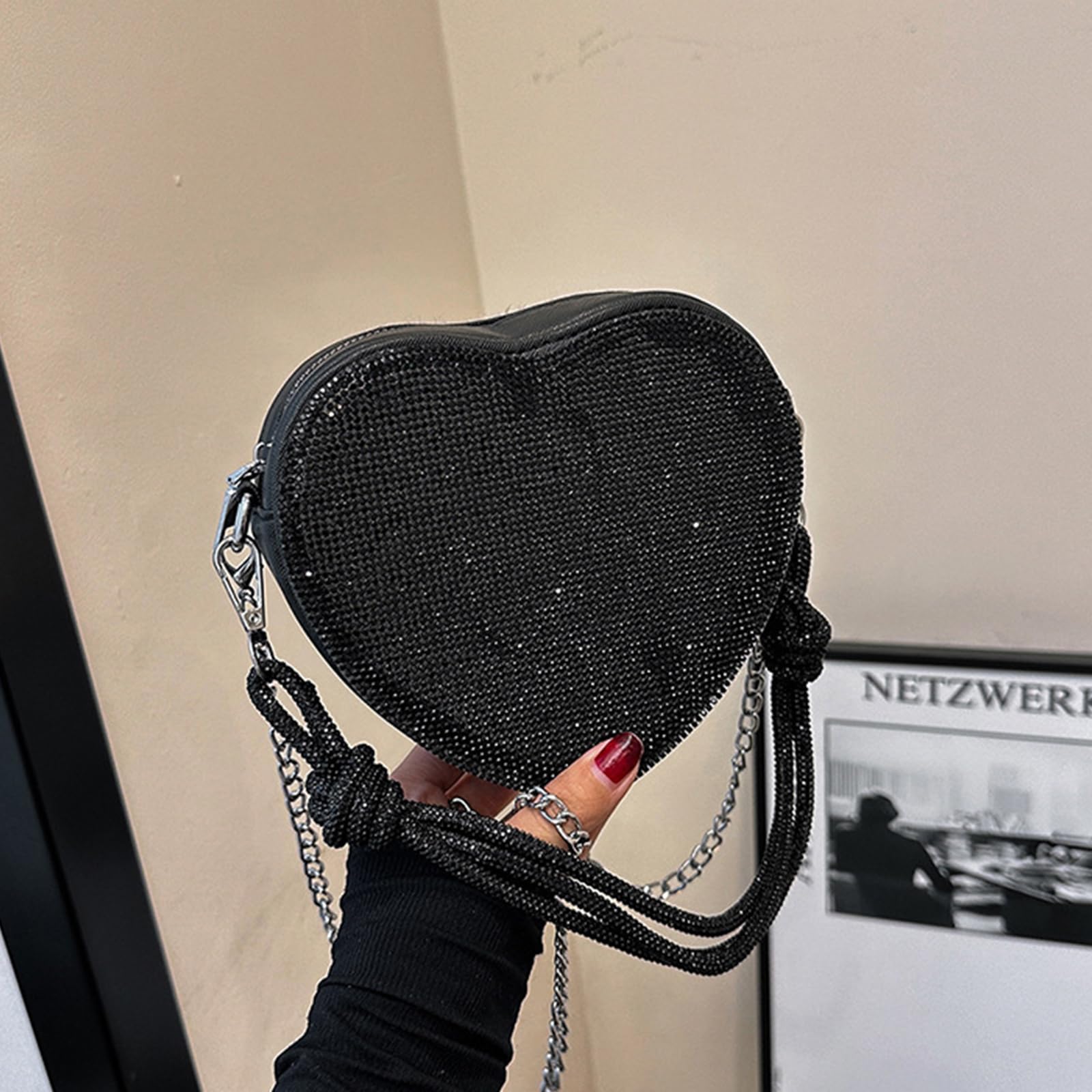 CALLPIONEER Evening Bag for Women, Silver Purse Heart Shaped Purse Crossbody Bags Shoulder Handbag for Formal