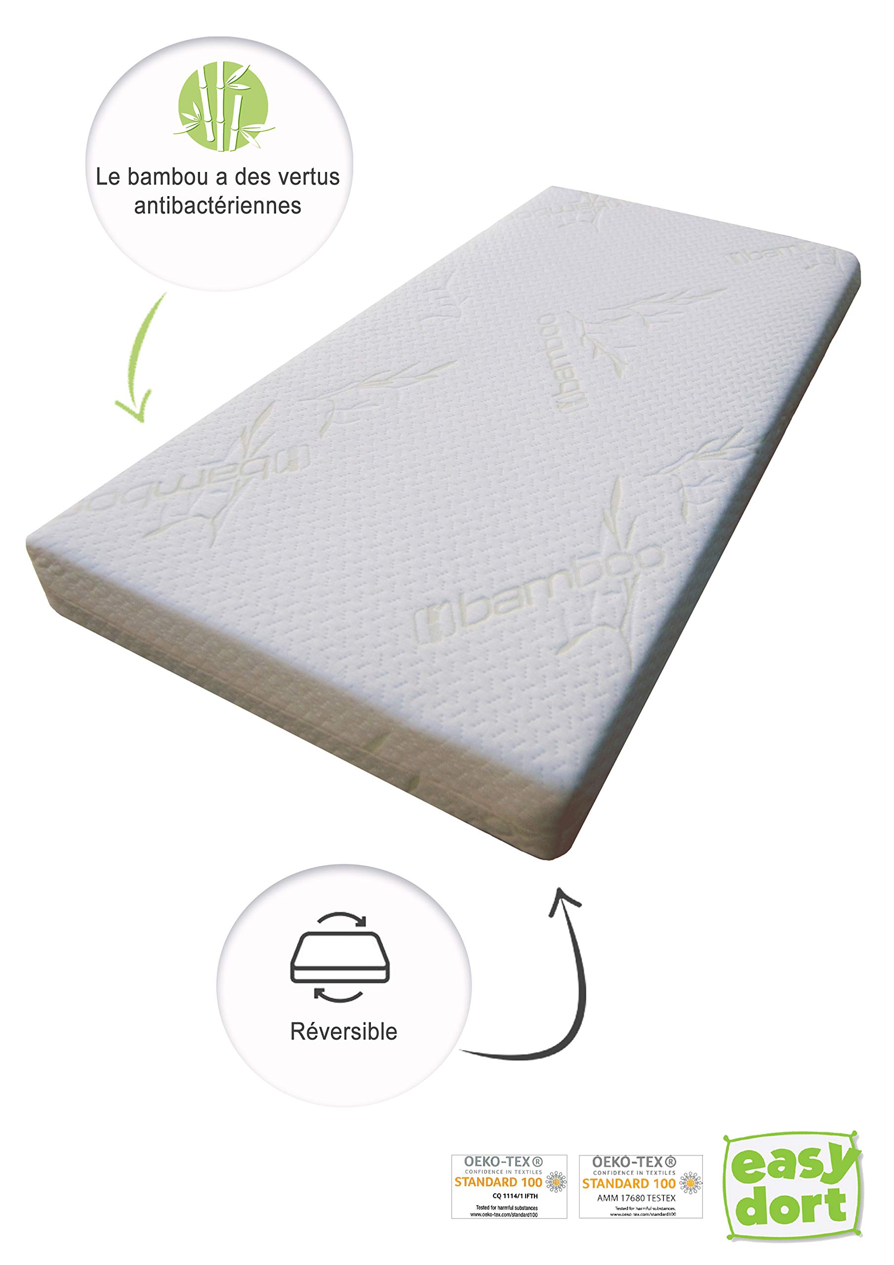 Easy Dort - Matelas couffin bébé 50 x 100 cm - Berceau, nacelle ou lit bébé - Housse en Bambou | Été & Hiver | Double Face | Très Confortable | Oeko tex® | Blanc