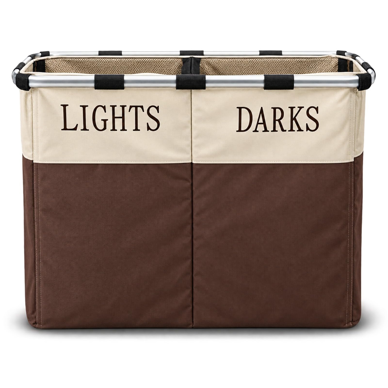 2 Compartment Laundry Basket, Folding Laundry Sorter for Lights & Darks, Large Double Clothes Hamper with Aluminium Frame, (Brown)
