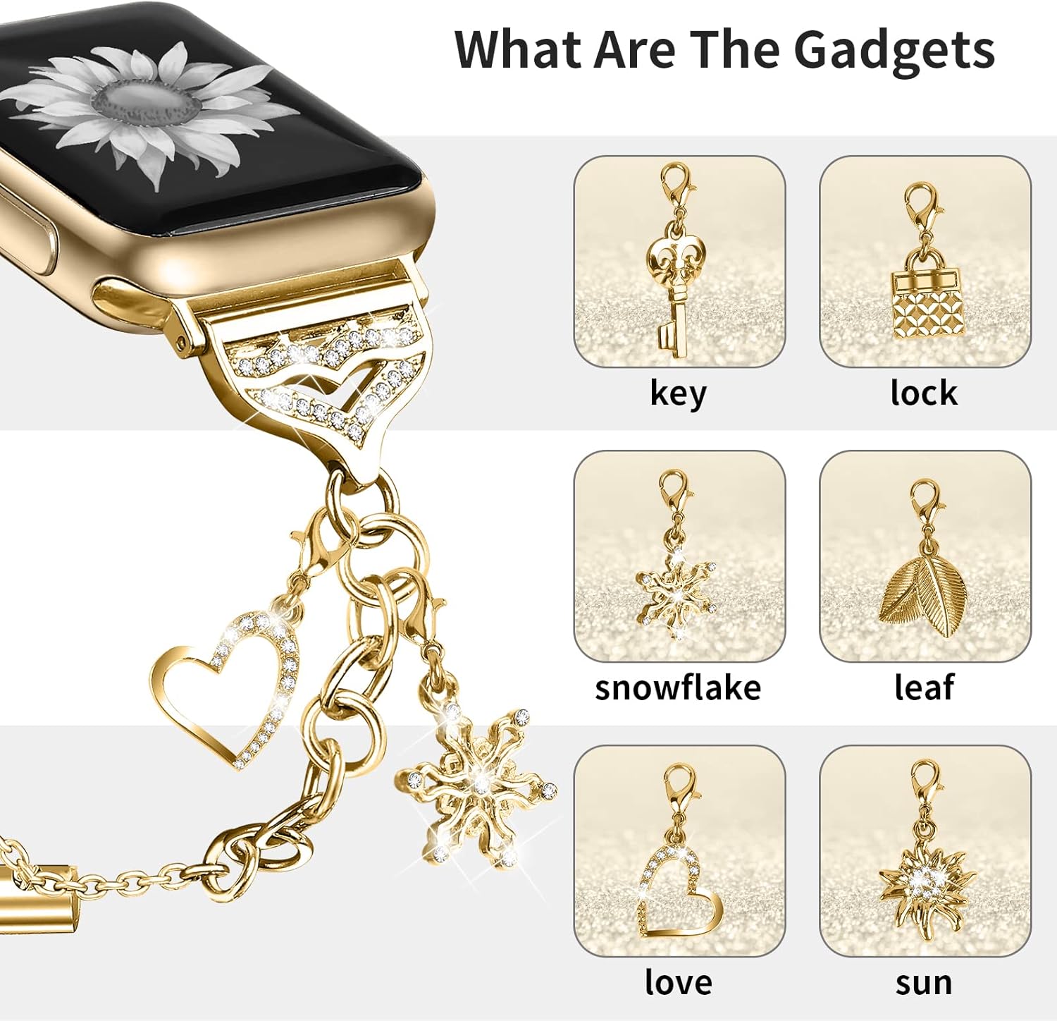 Bling Band Compatible with Apple Watch 40mm 41mm 38mm, Metal Jewelry Watch Strap for Series SE 9 8 7 6 5 4 3 2 1 Interchangeable Charms Dressy Bracelet for Women (Gold) - Image 3