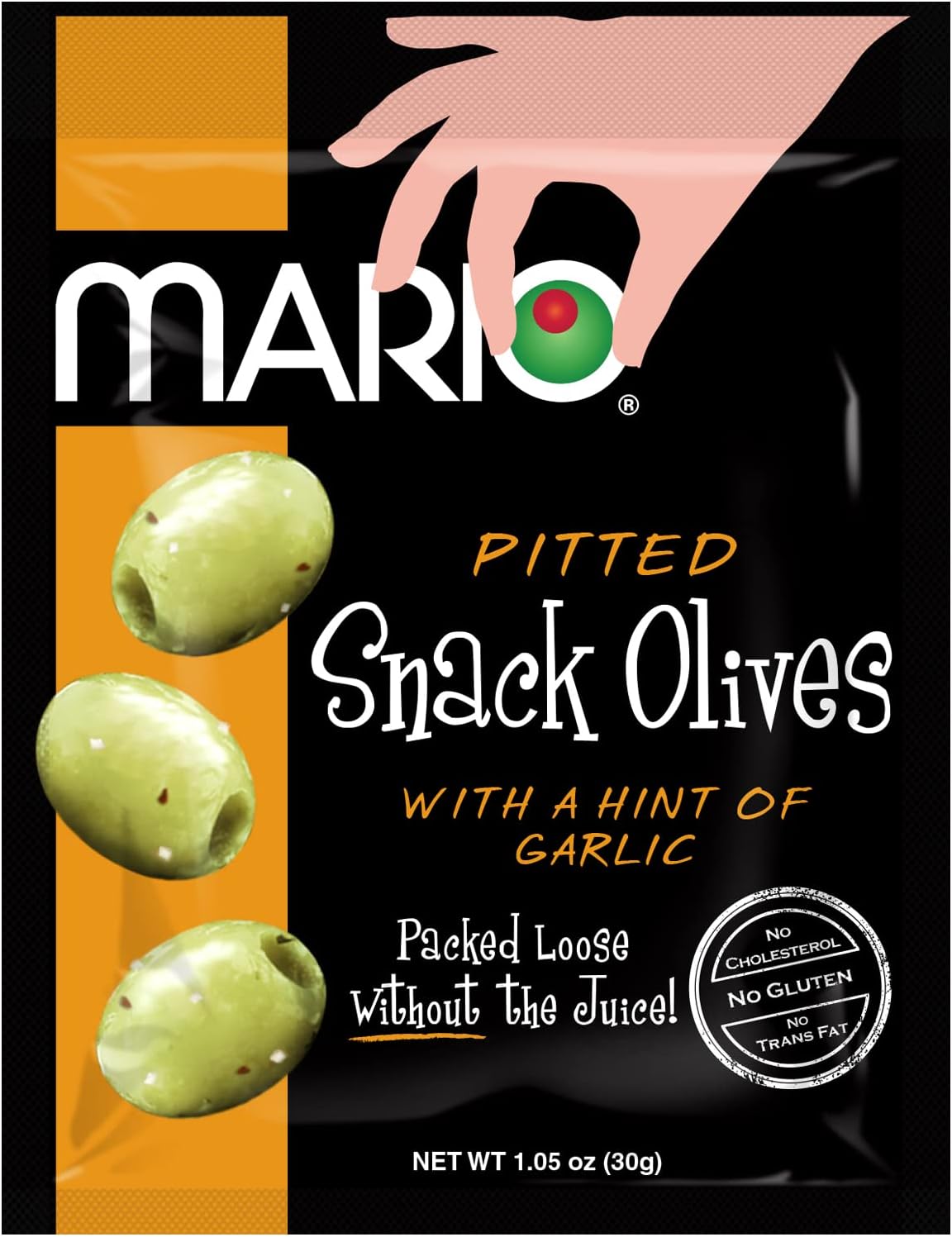 Mario Camacho Foods Pitted Snack Olives - Green Olives with a Hint of Garlic - 1.05 oz Pouches (Pack of 12)
