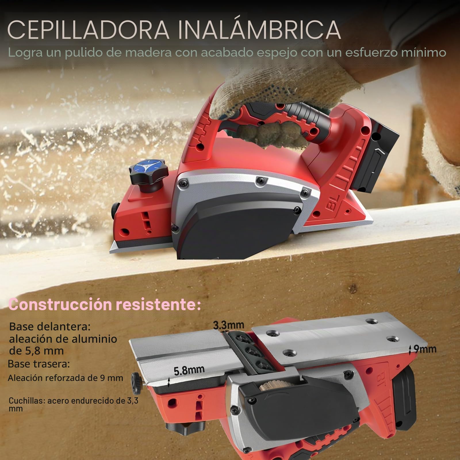 Planadora eléctrica inalámbrica de mano compatible con batería Milwaukee 18V, 15000RPM Planadora de madera de energía sin cepillo para carpintero de trabajo de madera (Red)