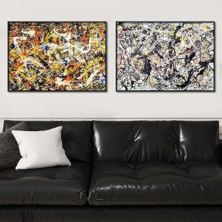 INVIN ART Framed Canvas Giclee Print Extra Large Art Combo Painting 2 Pieces by Jackson Pollock Wall Art Series#11 Living Room Home Office Decorations(Black Slim Frame,28"x40"Each Piece)