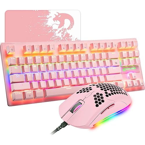 Pink Mechanical Gaming Keyboard Blue Switch Mini 87 Keys Wired Rainbow LED Backlit Keyboard Professional Lightweight Gaming Mouse Gaming Mice Pad for Gamers and Typists