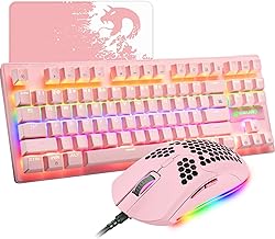 Pink Mechanical Gaming Keyboard Blue Switch Mini 87 Keys Wired Rainbow LED Backlit Keyboard Professional Lightweight Gaming Mouse Gaming Mice Pad for Gamers and Typists