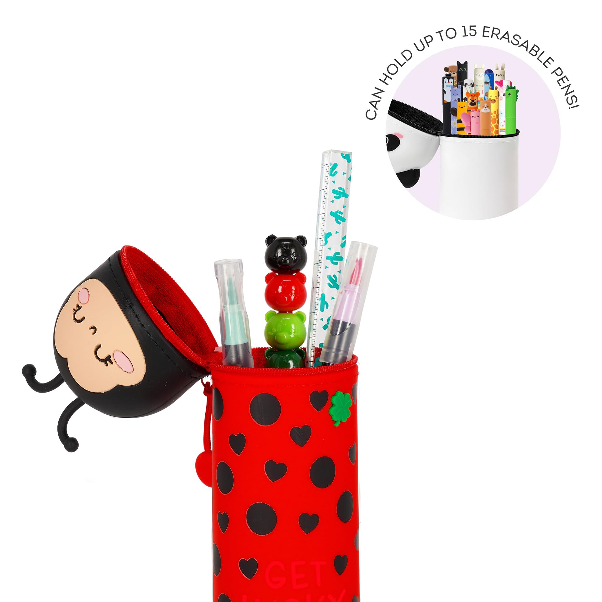 Legami - Kawaii piórnik szkolny 2 w 1 z miękkiego silikonu, uchwyt na długopis stołowy, zamknięcie na zamek błyskawiczny, długopisy kredki, Czerwony, Diametro 6,3 cm, Altezza Max 21,7 cm, ladybug