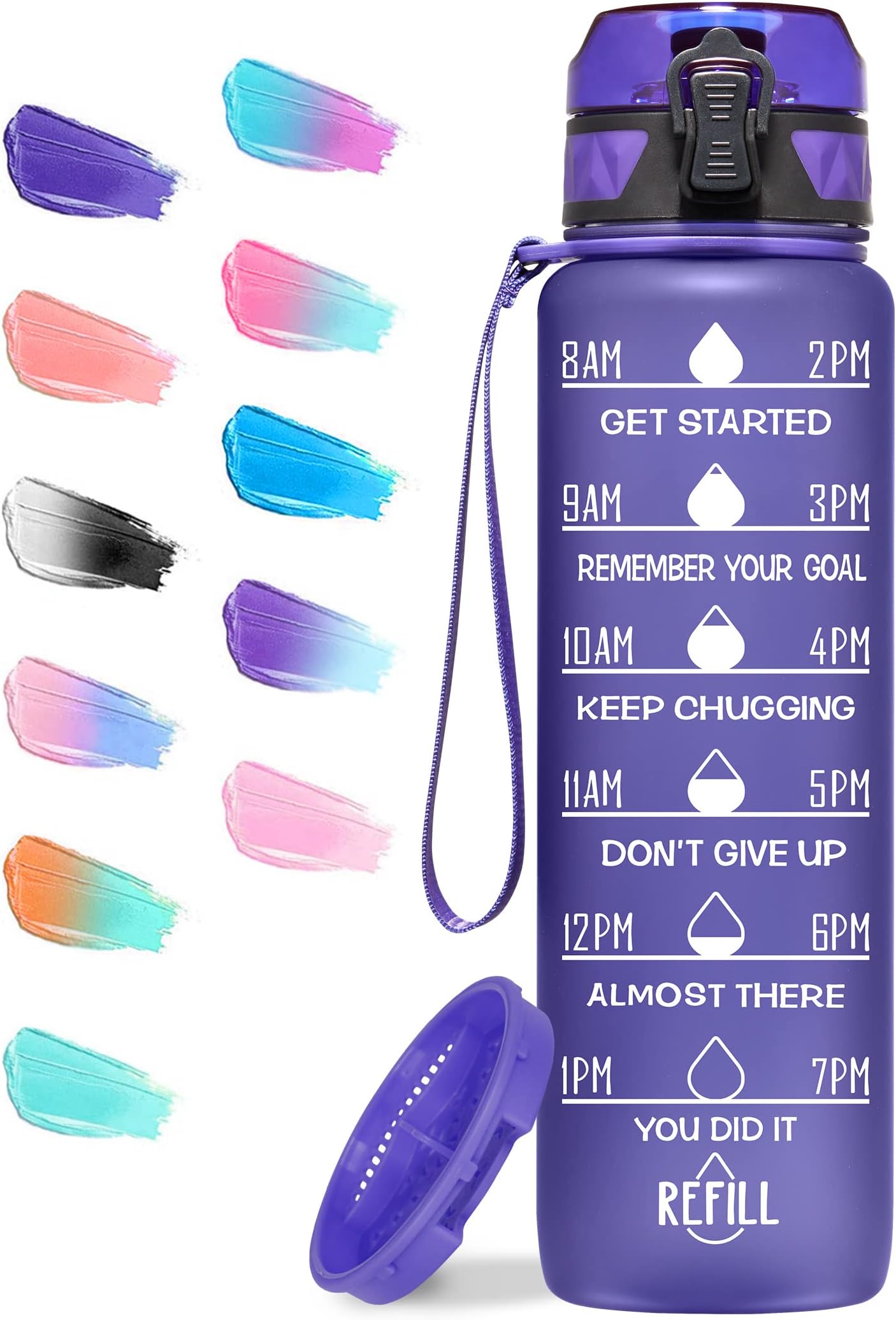 Elvira 32oz Motivational Fitness Sports Water Bottle with Time Marker & Removable Strainer,Fast Flow,Flip Top Leakproof Durable BPA Free Non-Toxic