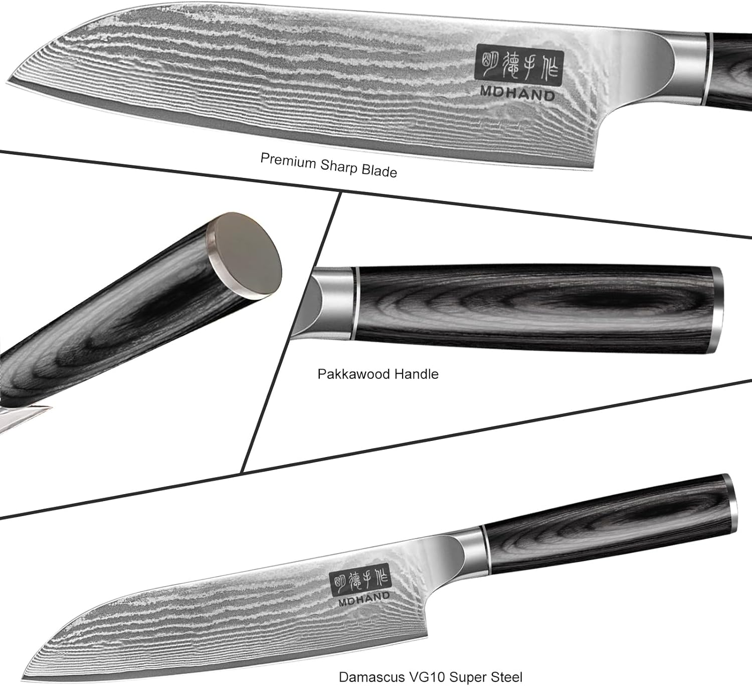 MDHAND Damascus Kitchen Knife Set, 3PCS Ultra Sharp 10Cr15CoMoV Super Steel Japanese Knife, Professional Chef Knife Set with Black Pakkawood Handle, Including Chef, Santoku & Paring Knife, Elegant Box - Image 4