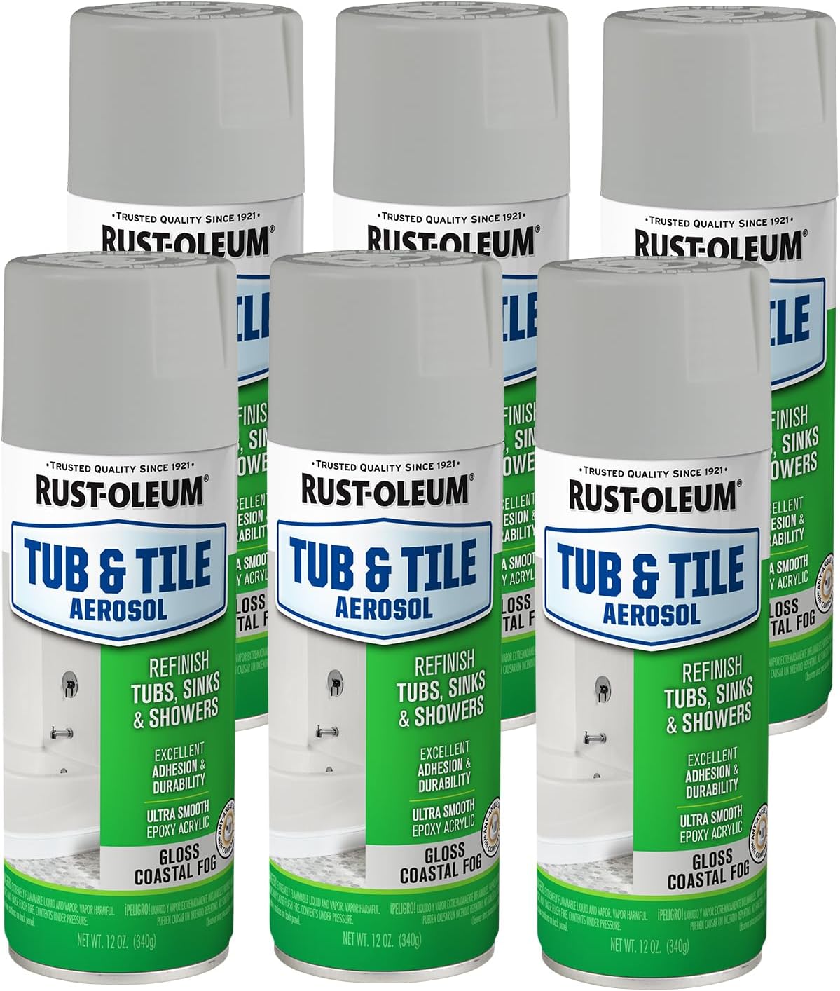 Rust-Oleum 385291-6PK Specialty Tub & Tile Spray Paint, 12 oz, Gloss Coastal Fog, 6 Pack