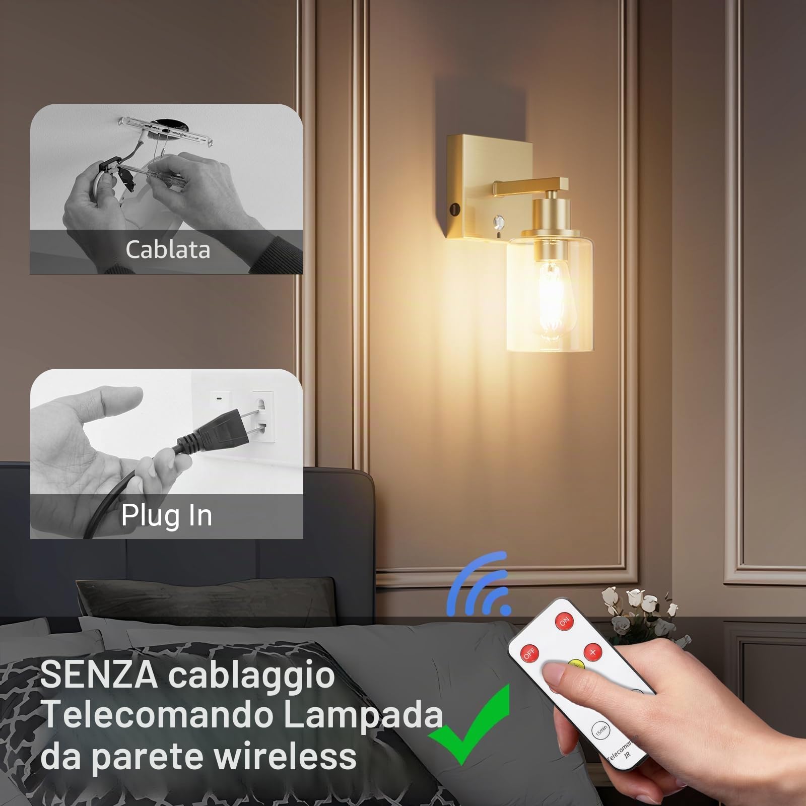 Klighten 6000 mAh Lampada da parete Senza Fili con Telecomando, Applique da Parete Interno Batteria Operata 2PCS,lampada da parete ricaricabile 3000K bianco caldo, con lampadina, Oro