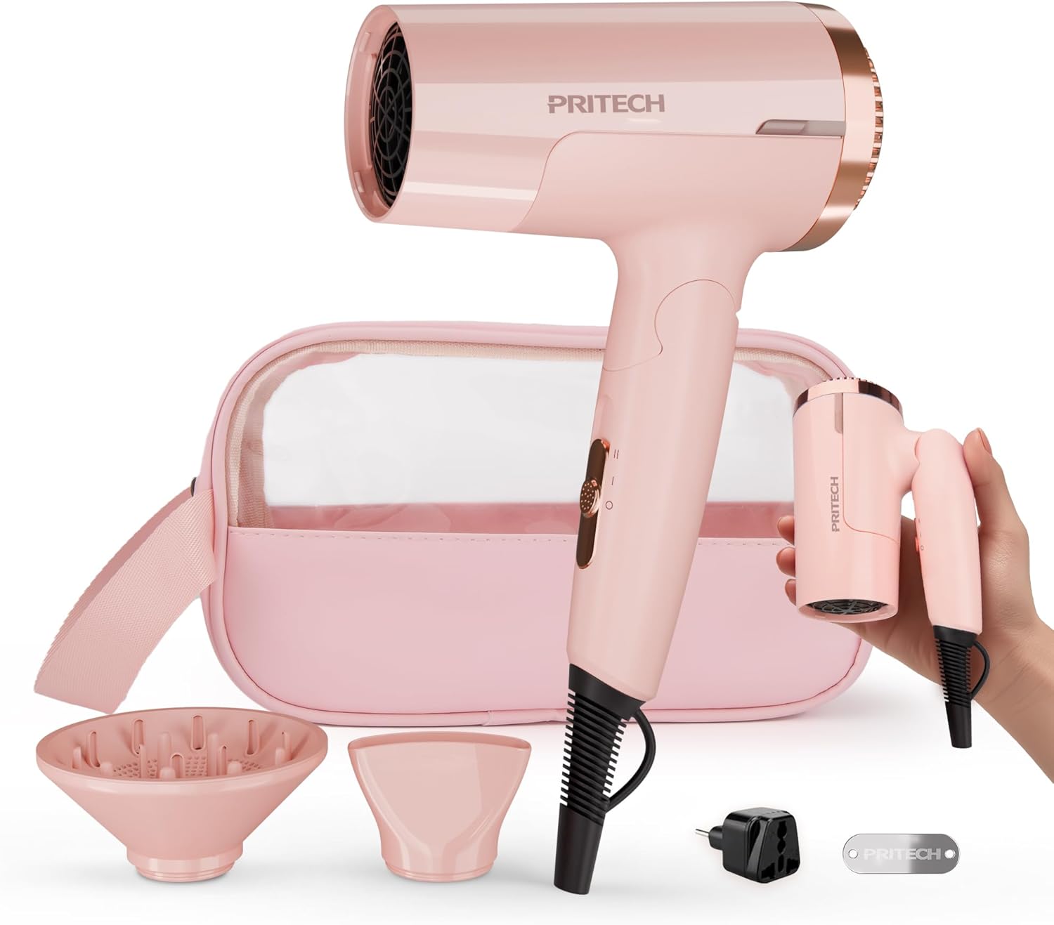 PRITECH 1250W Dual Voltage Travel Hair Dryer - Foldable Blow Dryer with Concentrator Diffuser,110V/220V Worldwide Use, Compact Lightweight Design, EU Plug Included Pink