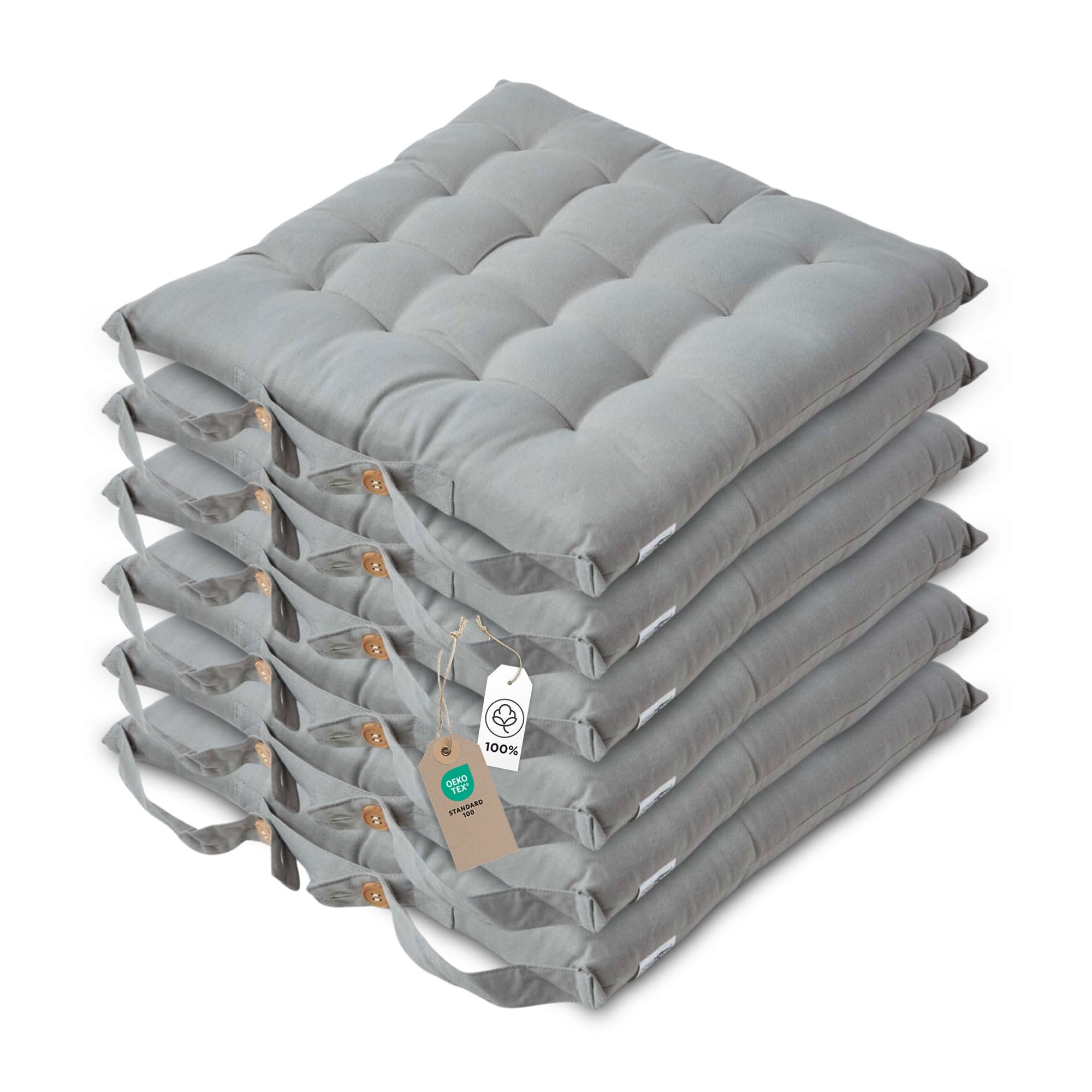 HOMESCAPES Galette de Chaise 40x40 cm, Lot de 6, Coussin de Chaise en Coton, Coloris Gris