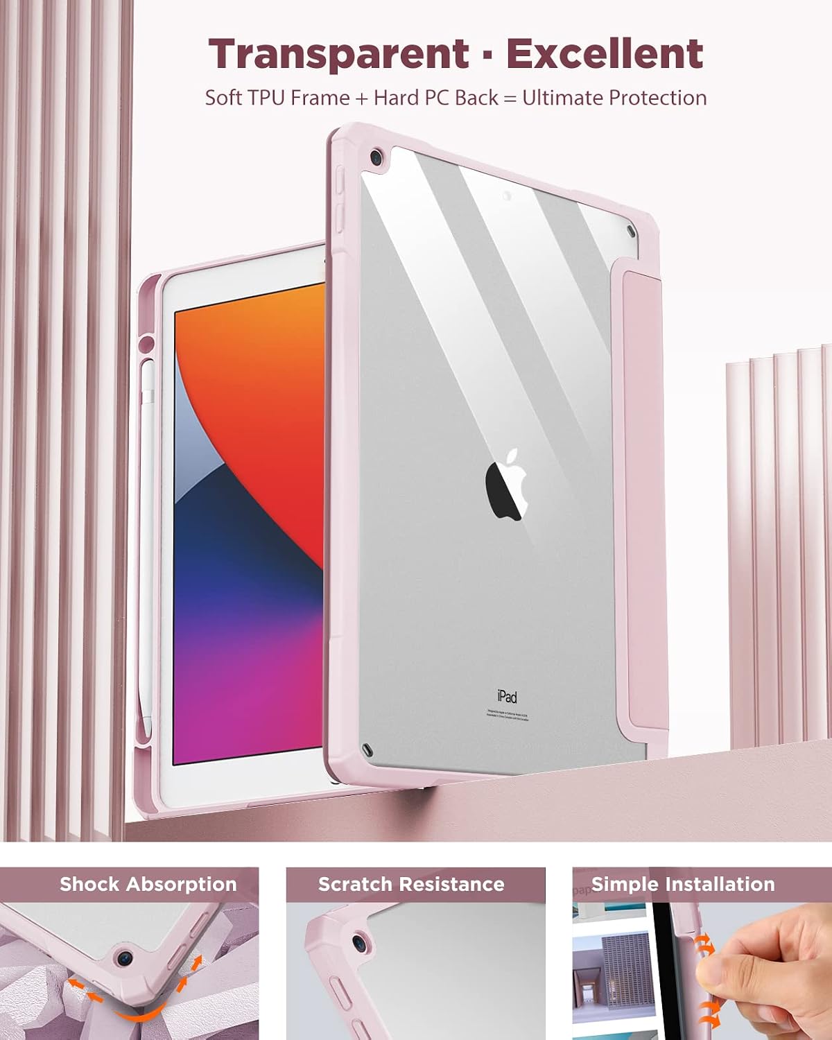 TiMOVO Case for iPad 9th Generation 2021/iPad 8th Generation 2020/iPad 7th Generation 2019 10.2 inch with Pencil Holder, Slim Protective Cover with Clear Back Shell, Auto Wake/Sleep, Rose Gold