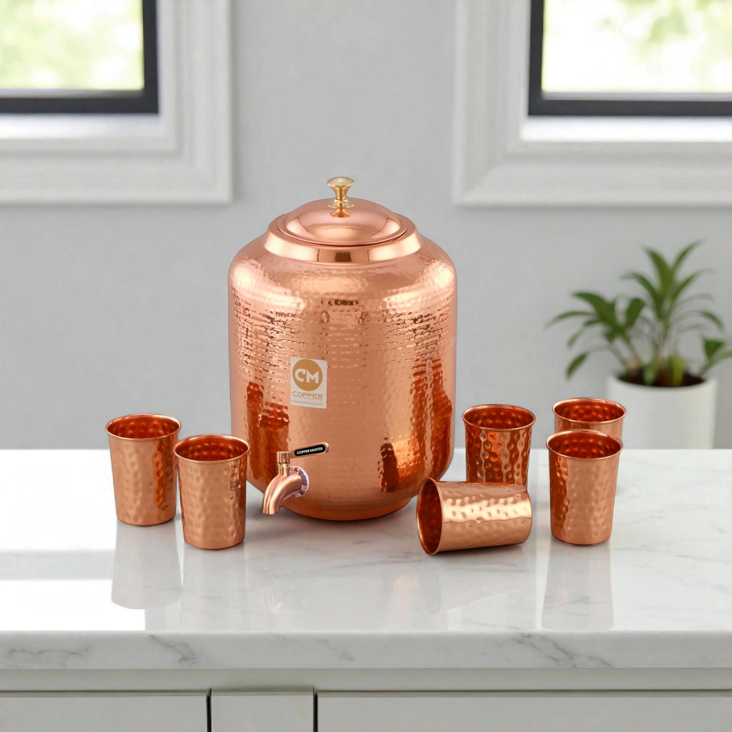 Copper-Master Pure Copper Water Dispenser 8 Litre with 6 Glass Ayurvedic Matka for Drinking Water Traditional (Matka/Pot) for Home Office Diwali Gifting Leak-Proof (8000 ML+ 1800ML)