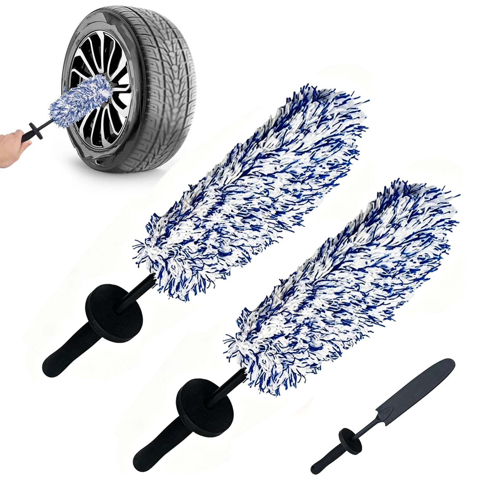 Zqbxhdzw Blue + Blue Microfibre Wheel Cleaning Brush Kit,Non-Scratch Rim Tyre Brush,Flat Long Handle Detailing Brushes For Alloy Wheels,Spokes,Barrels,Car Truck Motorcycle,No Metal Soft Bristles(Blue + Blue)