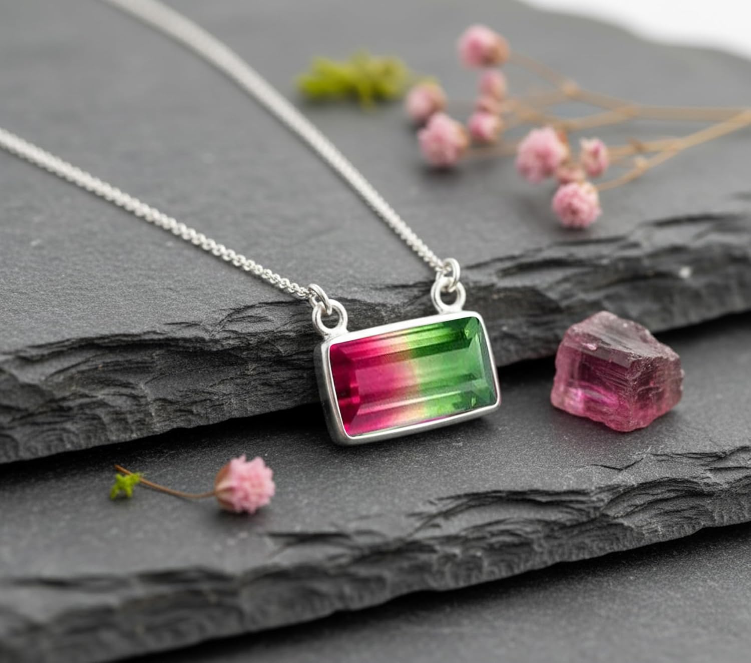 Designer Watermelon Tourmaline Quartz Pendant In 925 Sterling Silver Artisan Crafted Handmade Healing Rectangle Stone Necklace Saanvijewellery