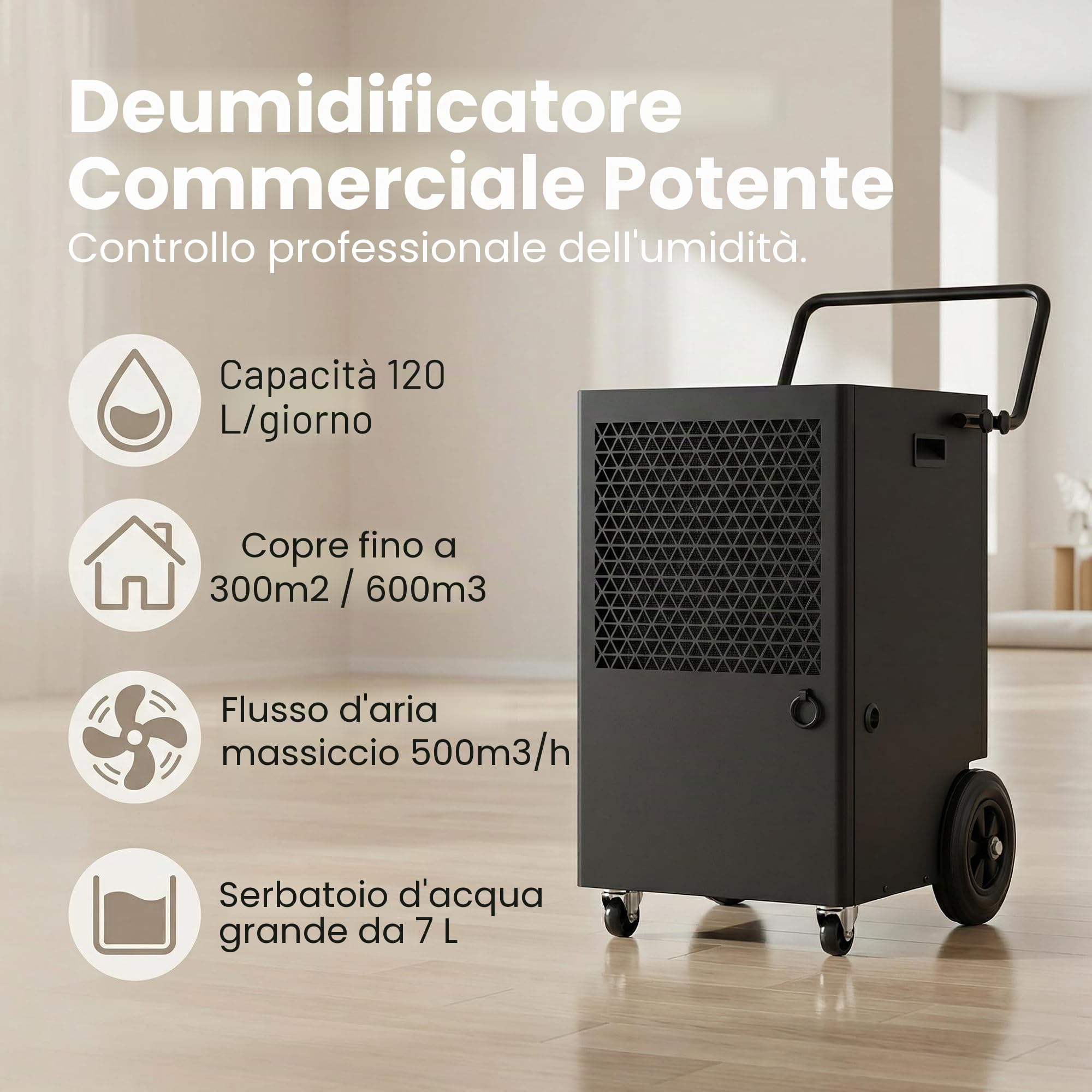 Kalopsia Deumidificatore Casa Muffa Professionale: Potente 120L/Giorno | Controllo Automatico Umidità e Protezioni - Serbatoio 7L con Scarico Diretto | Ideale per Ambienti Grandi Cantina Ufficio