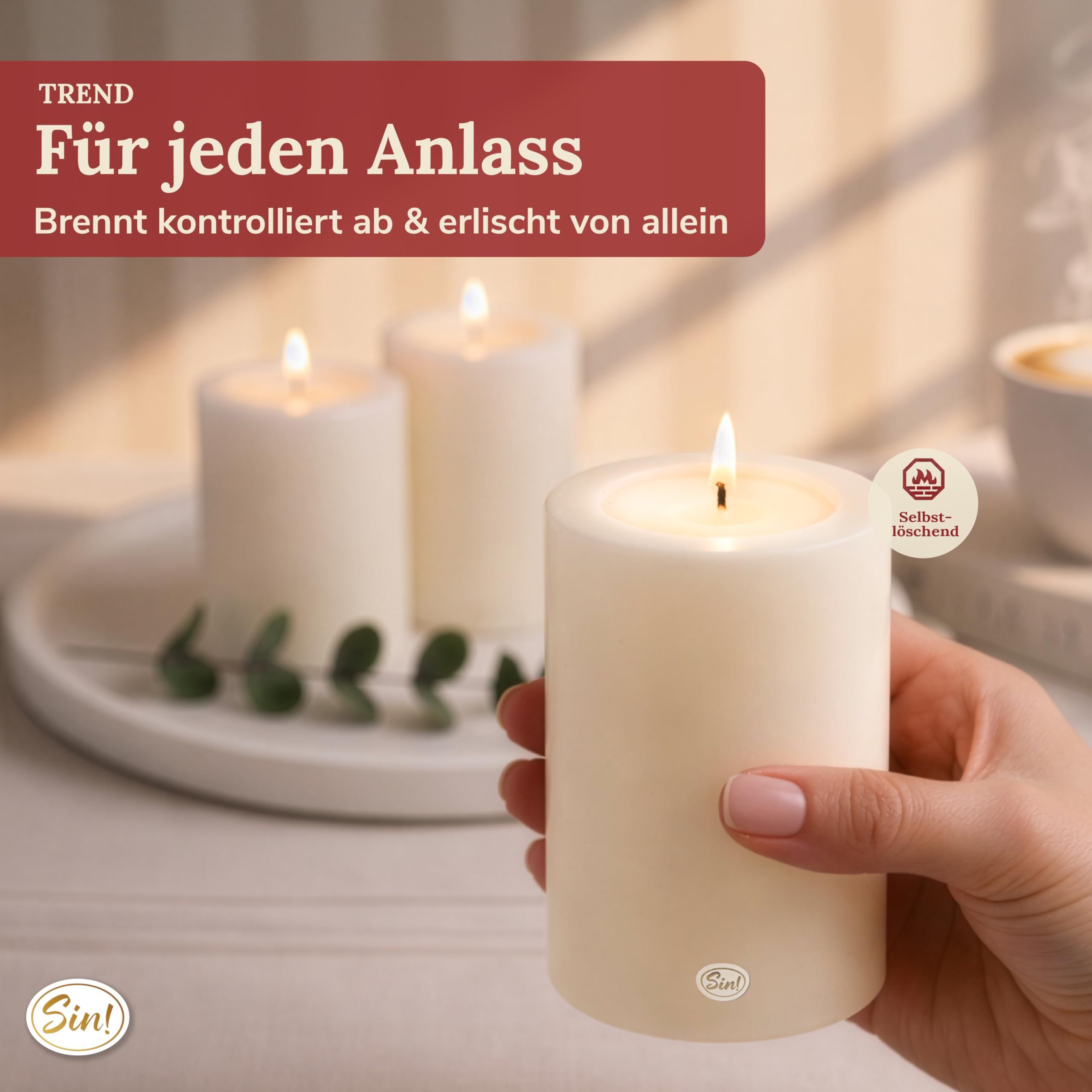 Sin!® 1x Teelichthalter & Dauerkerze Trend ∅12cm Höhe 25cm warmweiß - Die Kerze die Nicht schmilzt! Kunststoff-Kerze inkl. Teelicht 8 Std. Brenndauer (Made IN Germany) Kerzenoptik mit Teelichteinsatz