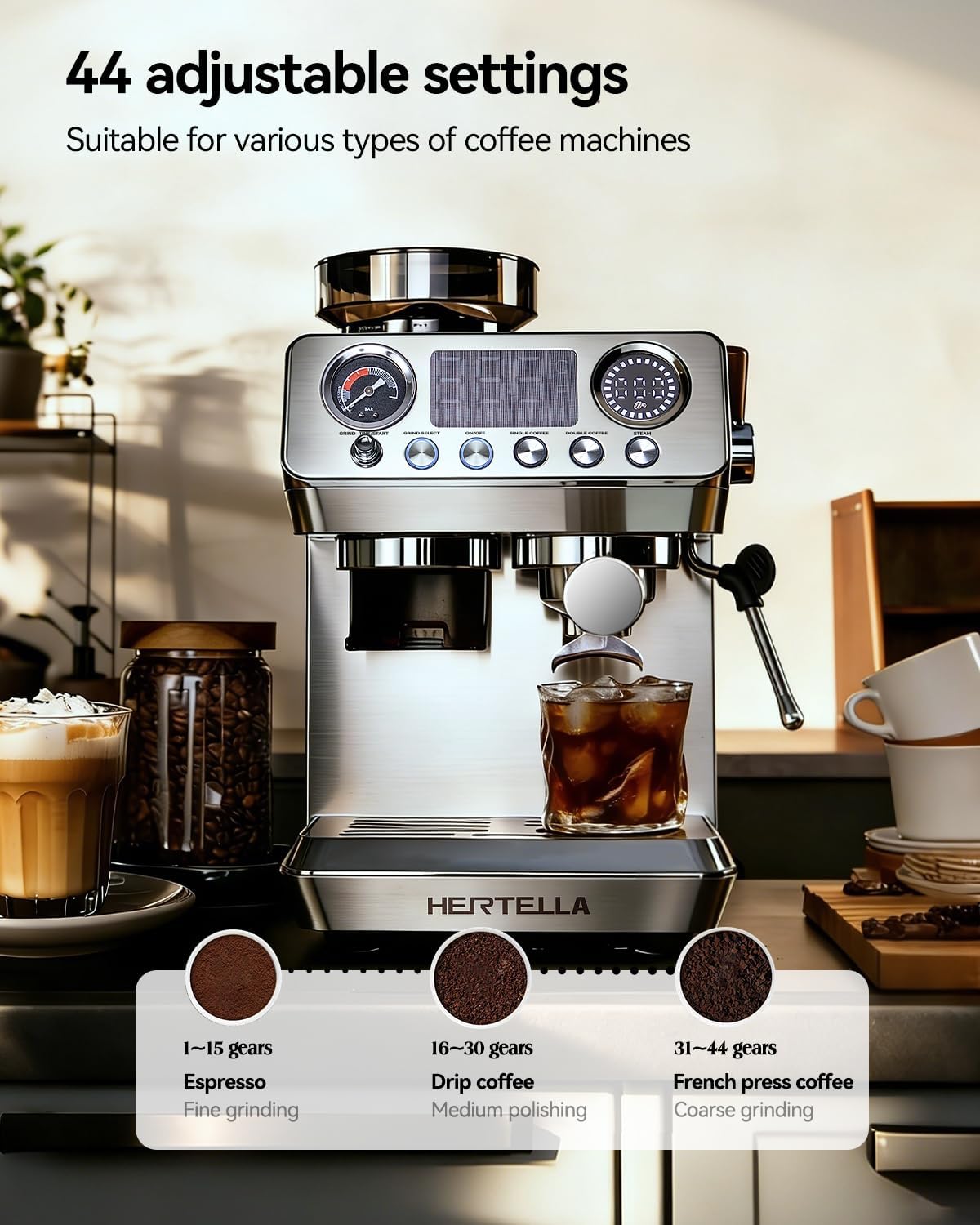 HERTELLA Espresso Machines with Burr Grinder, 20 Bar Visual Pressure Gauge, Milk Frother Steam Wand, Stainless Steel, 4 Temperature Modes (Hot and Cold Brew)，Automatic Pressure Release Function