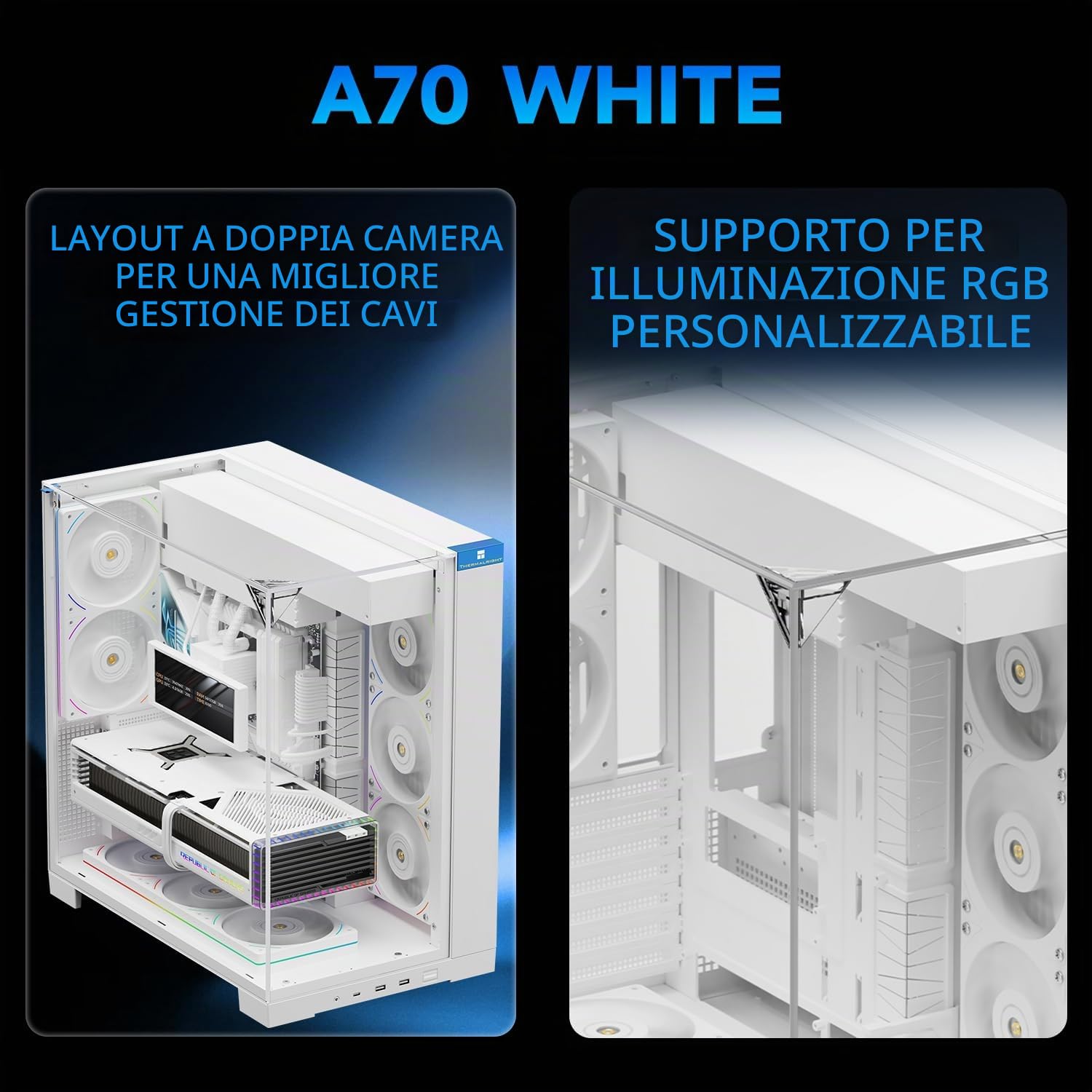 Thermalright A70 Bianco PC-Case-Panorama a 270°-Vetro Temperato ATX-Midi Tower Chassis, supporta scheda madre ATX/GPU 420mm, gestione cavi nascosta-Bianco