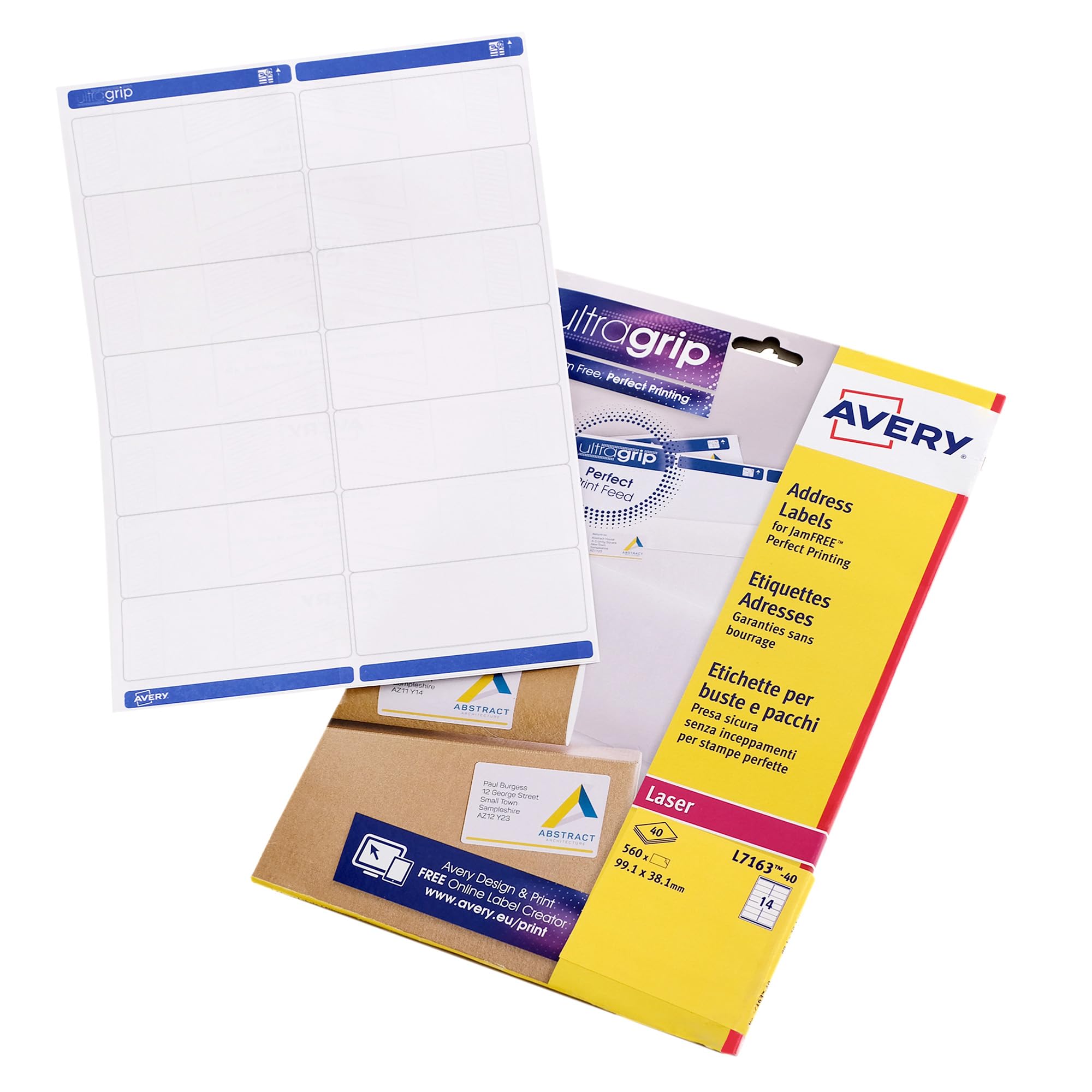 Avery Address Labels 560 pcs – L7163-40 Multipurpose Labels 99x38mm – Jam-Free Laser Printer Sheets – Easy Peel for Parcels & Envelopes