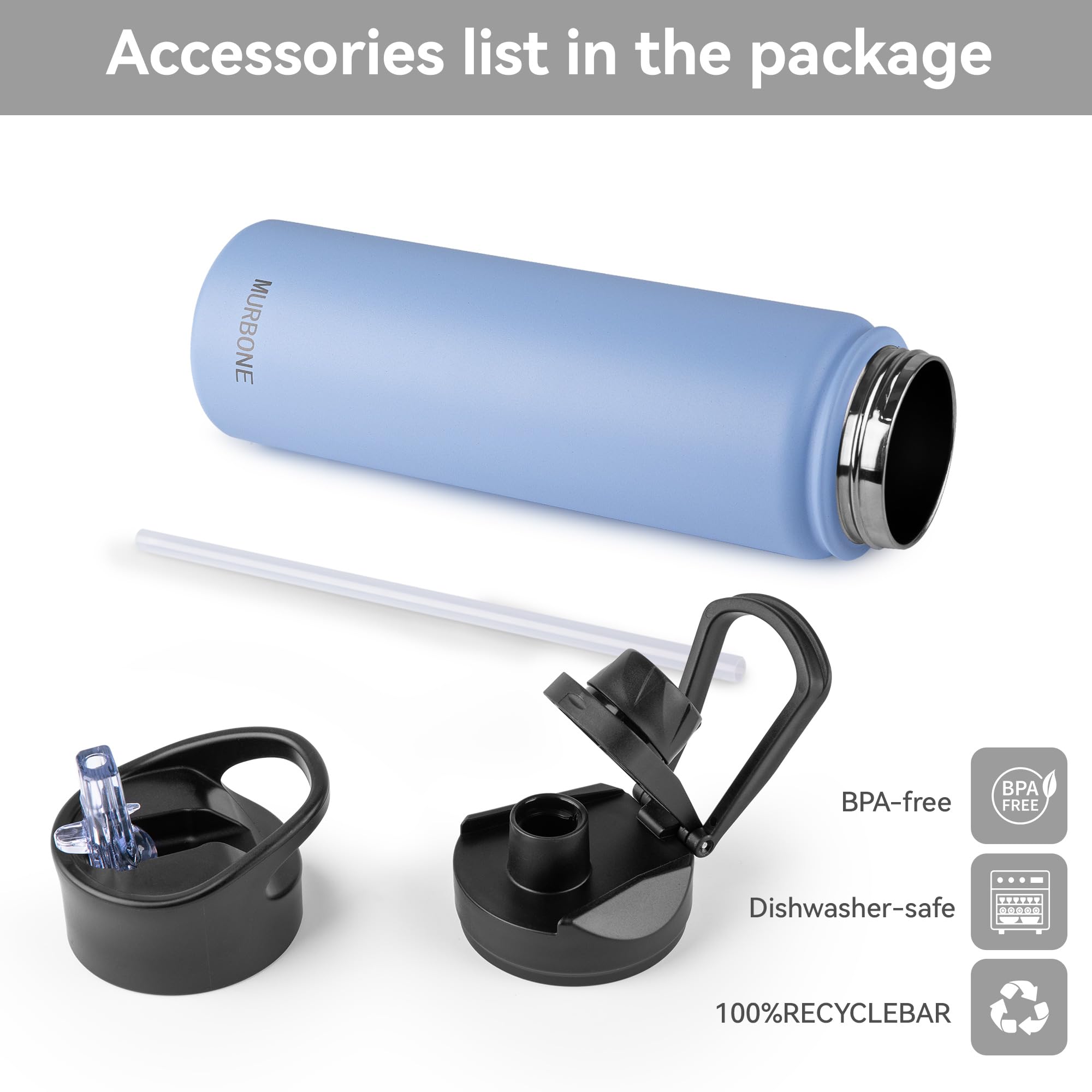 MURBONE Insulated Water Bottle, 750ml Stainless Steel Drink Flask with Straw, BPA Free, 2 Lids (Straw and Spout) - Image 3
