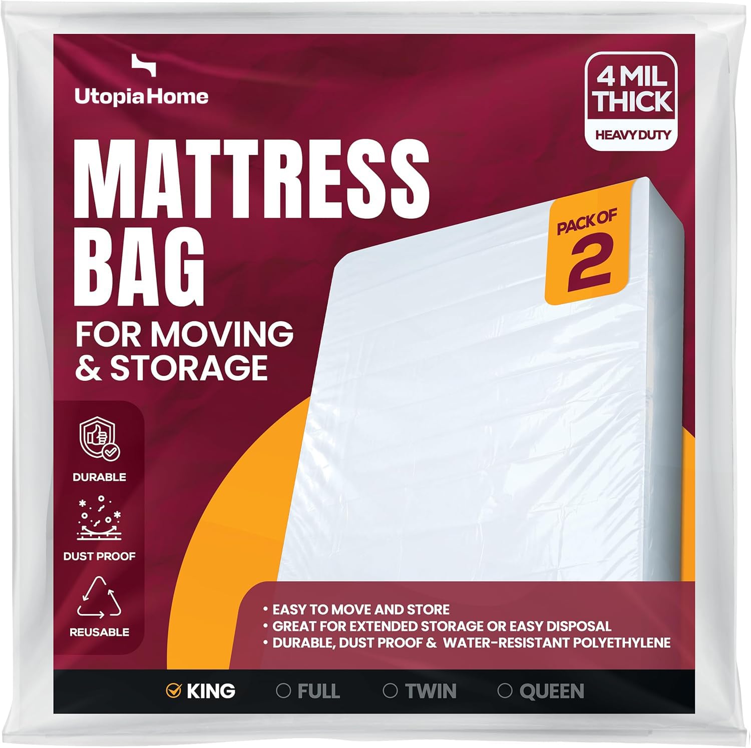 Utopia Home Lot de 2 sacs de matelas pour déménagement et rangement - King size - Housse de matelas en plastique de 4 mm d'épaisseur - Sac de rangement pour matelas