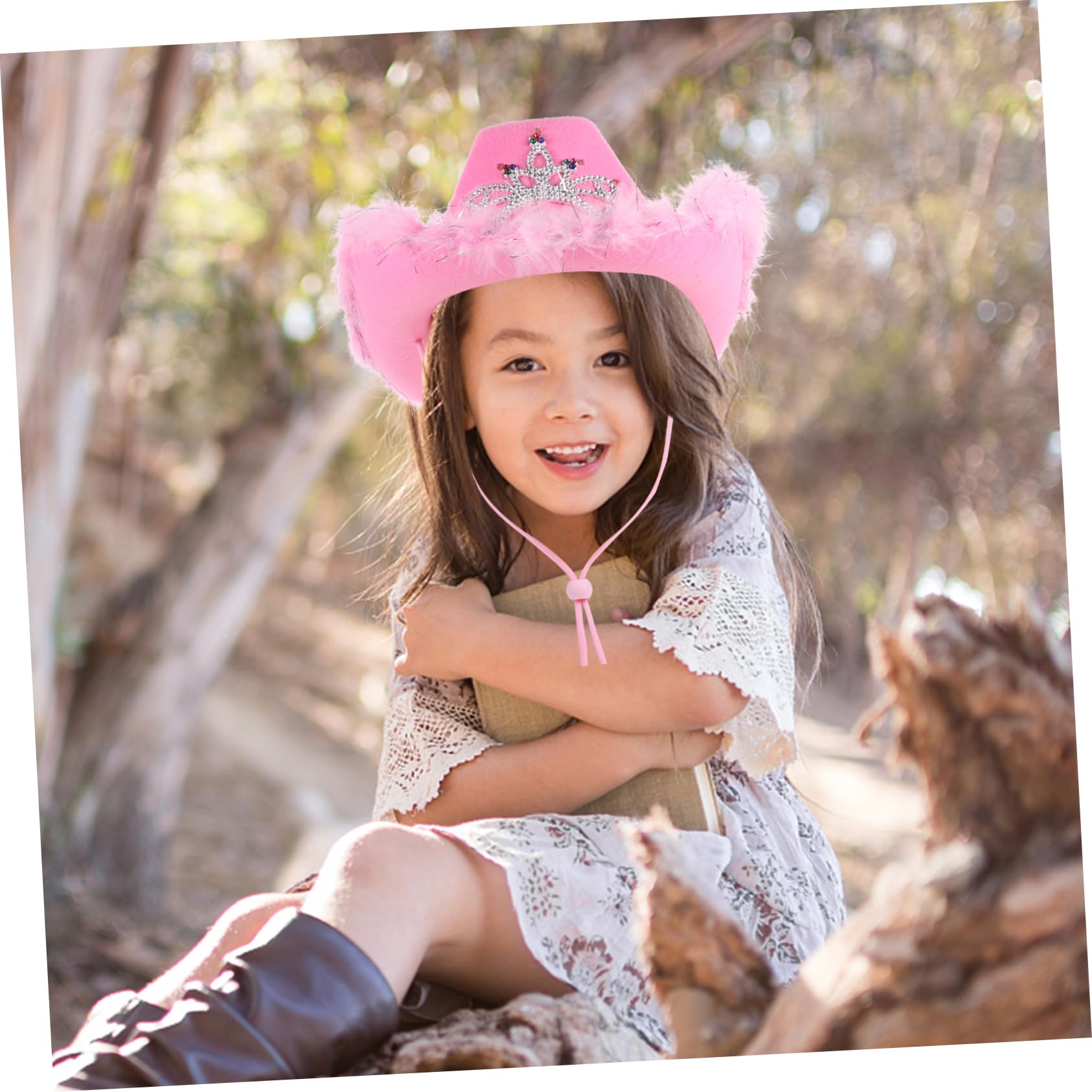 WOONEKY Sombrero de Mujer Rosa de Fieltro Estilo Occidental Luces, Cómodo para Cosplay y Juegos de Rol, Diseño de Vaquero Borde de Plumas
